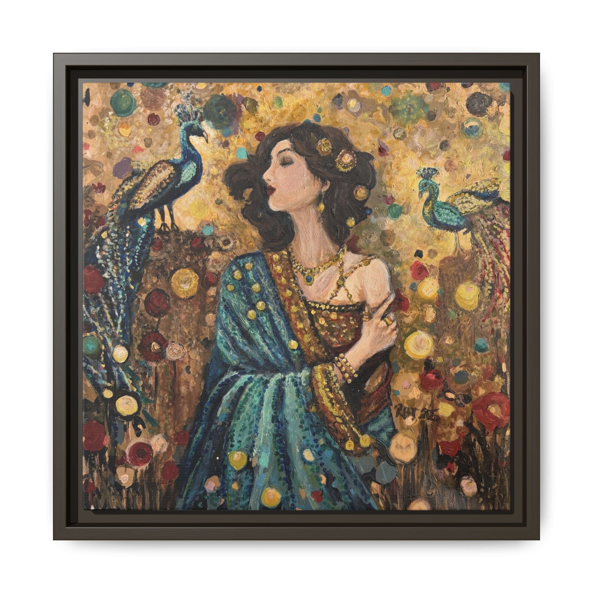 Gilded Peacock Muse Framed Canvas Art Print of Original— Bohemian Floral Decorative Print