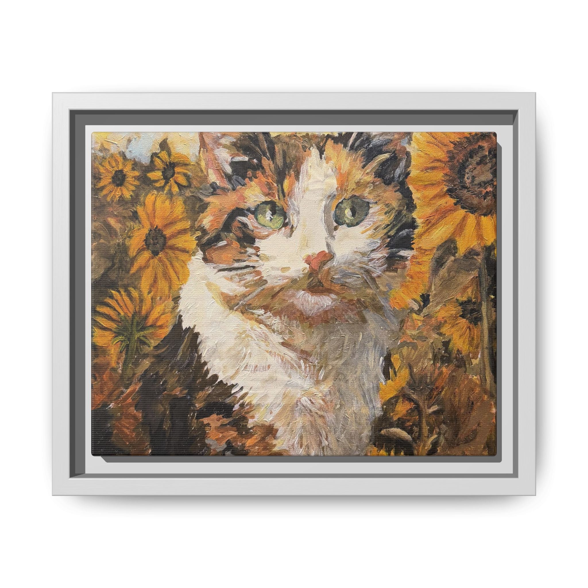 Dixie Cat in Sunflowers — Framed Matte Canvas Wall Art - Print of Original