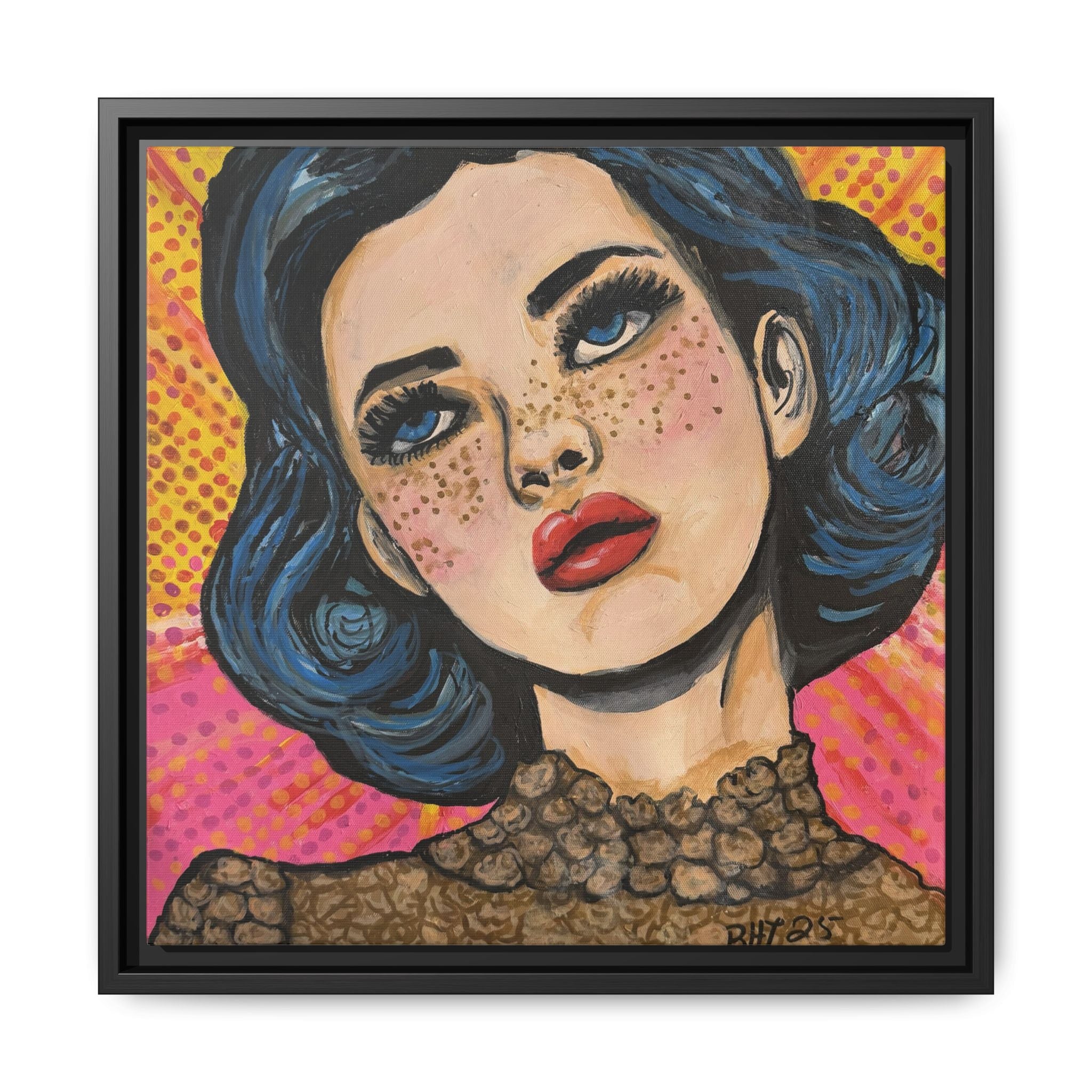 Pop Art Portrait Matte Canvas Print of Original "OMG" (Framed) — Retro Blue-Haired Woman Wall Art