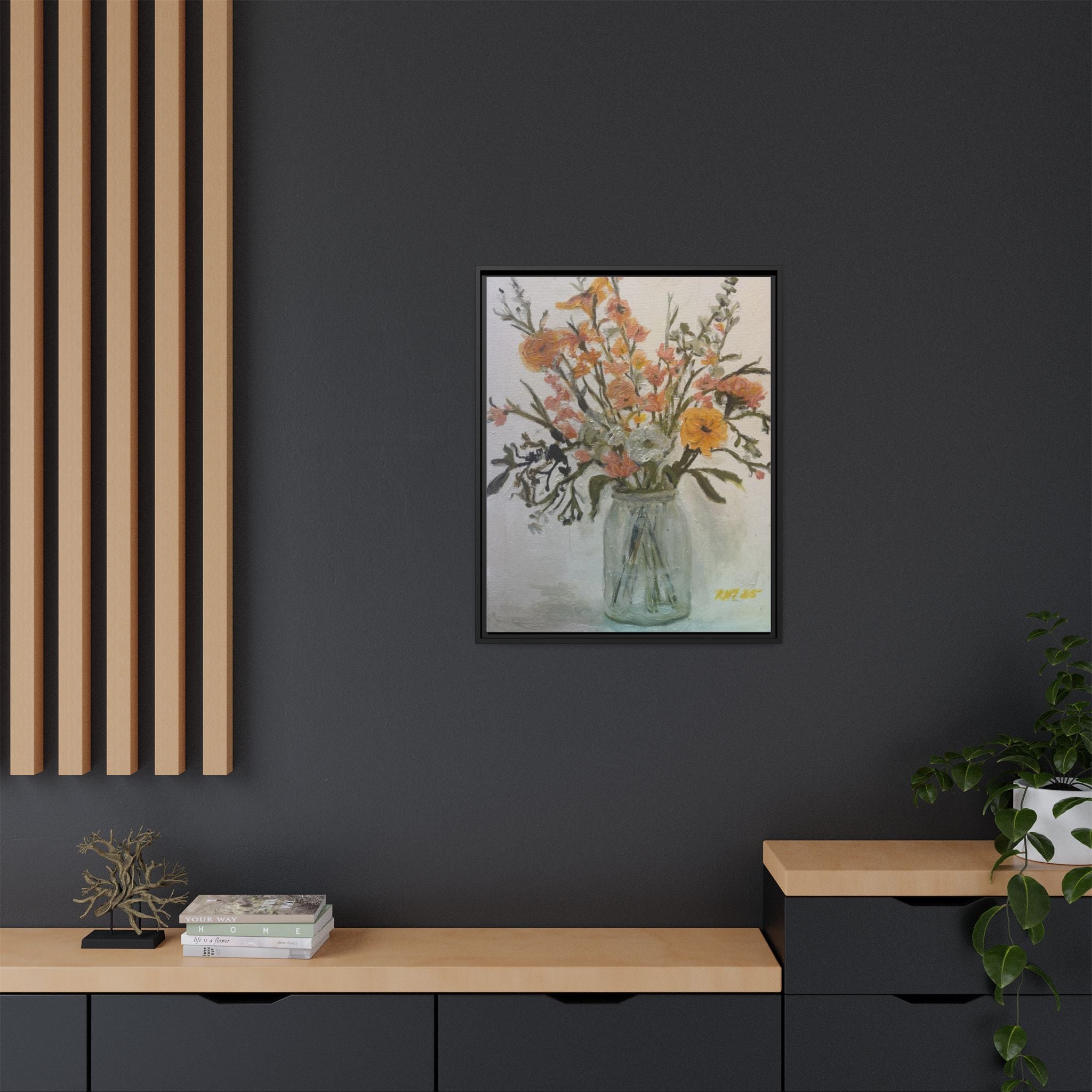 Framed Matte Canvas Art - Flower in Glass Jar Floral Painting Print of Original