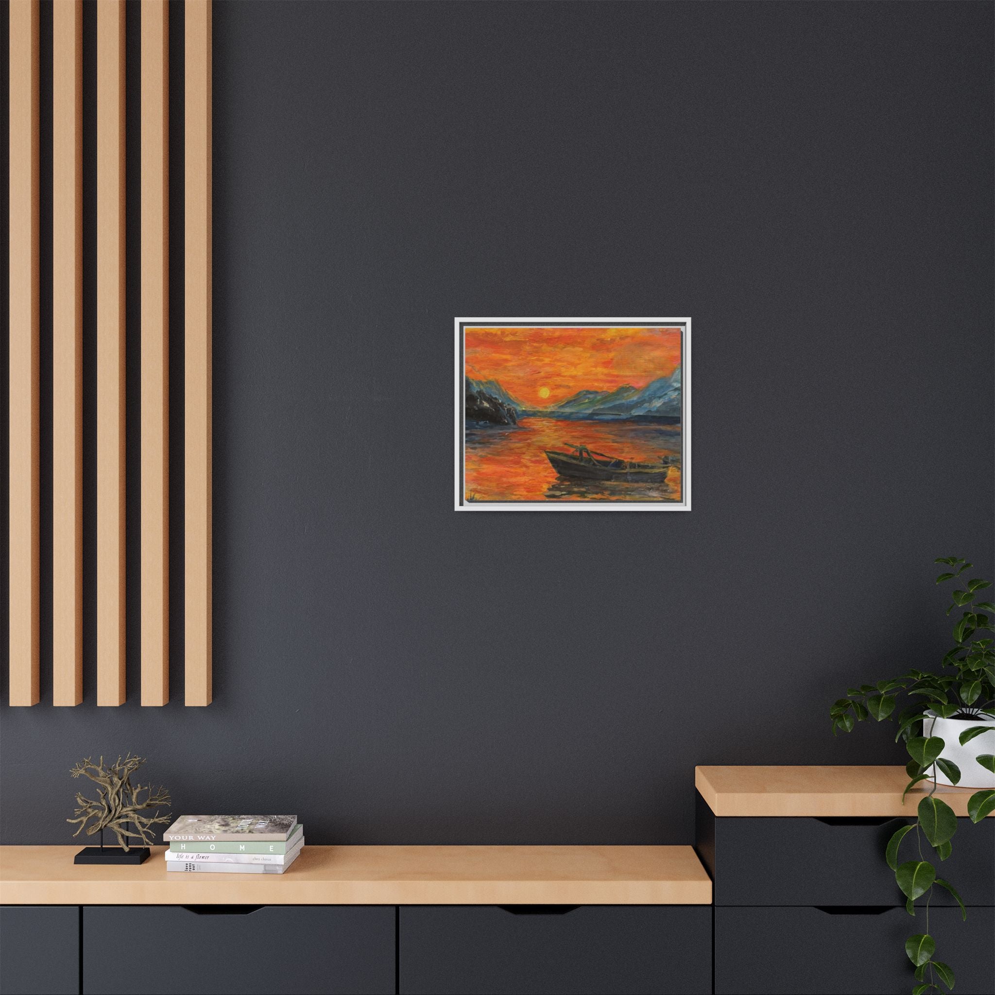 Boat on Sunset Lake Framed Canvas Print of Original — Orange Mountain Lake Wall Art