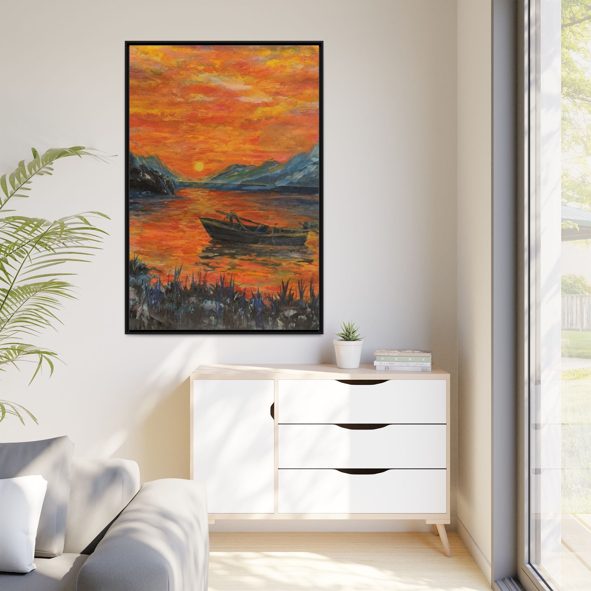 Boat on Sunset Lake Framed Canvas Print of Original — Orange Mountain Lake Wall Art