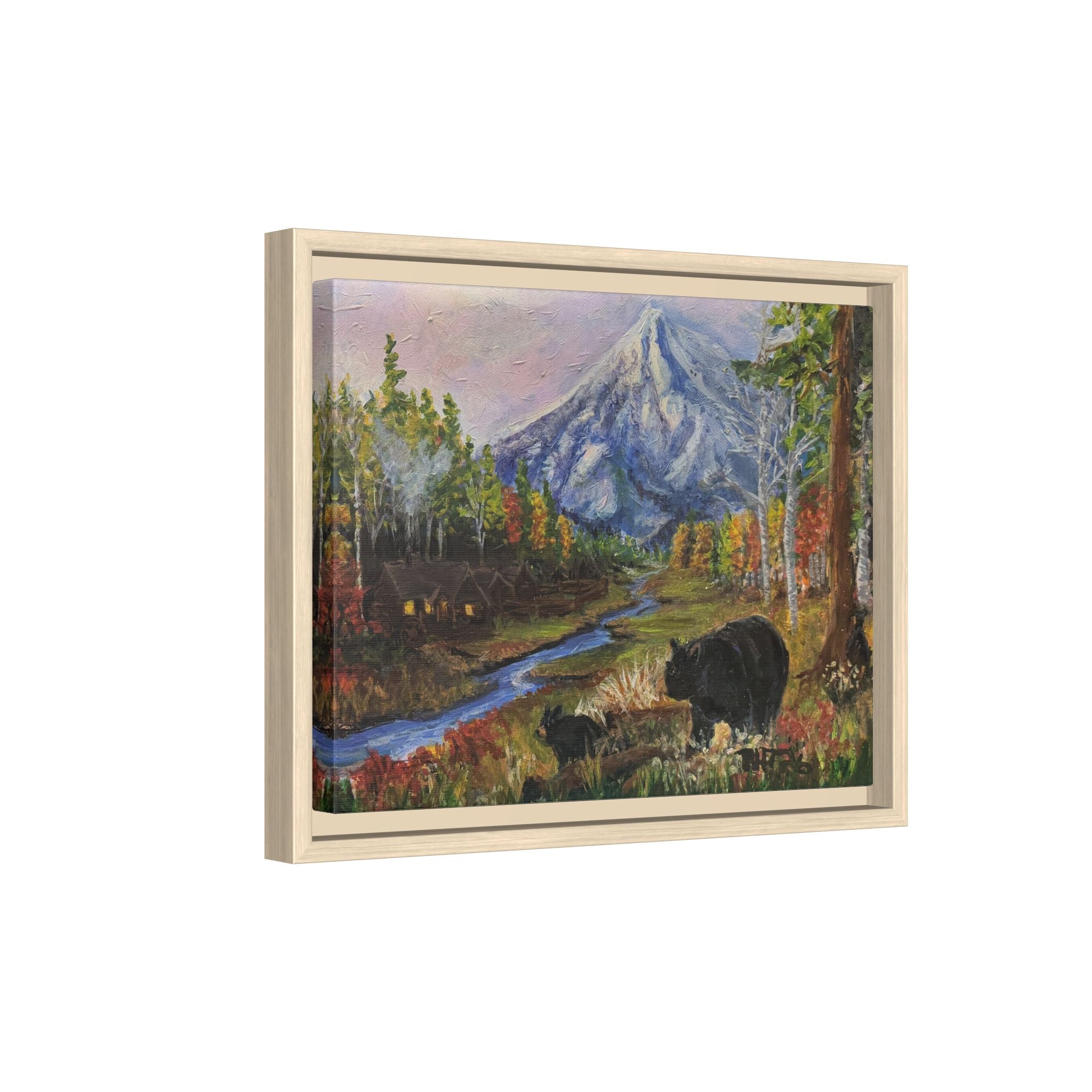 Framed Matte Canvas - Three Bear Stroll  - Mountain Stream with Bears Landscape Wall Art