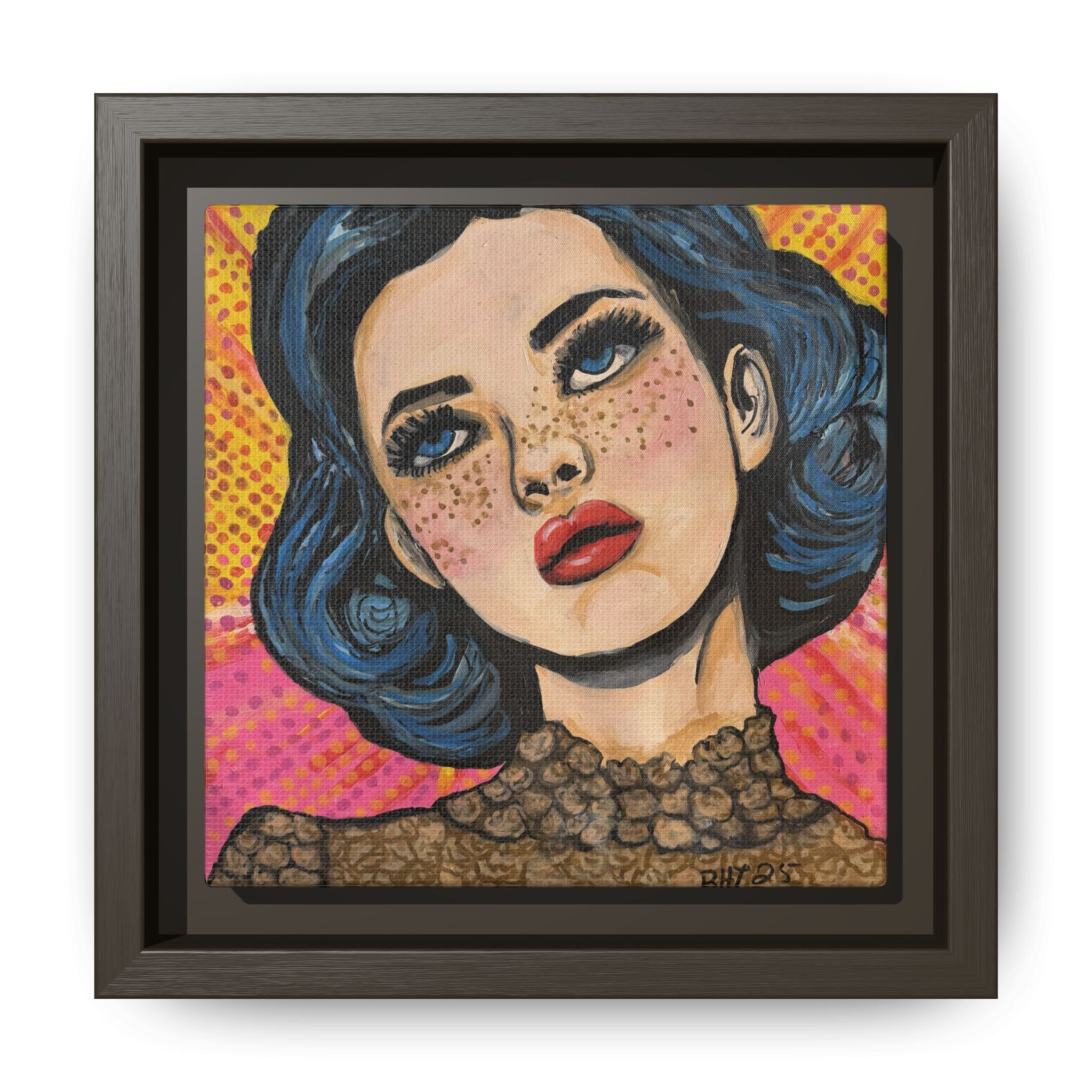 Pop Art Portrait Matte Canvas Print of Original "OMG" (Framed) — Retro Blue-Haired Woman Wall Art