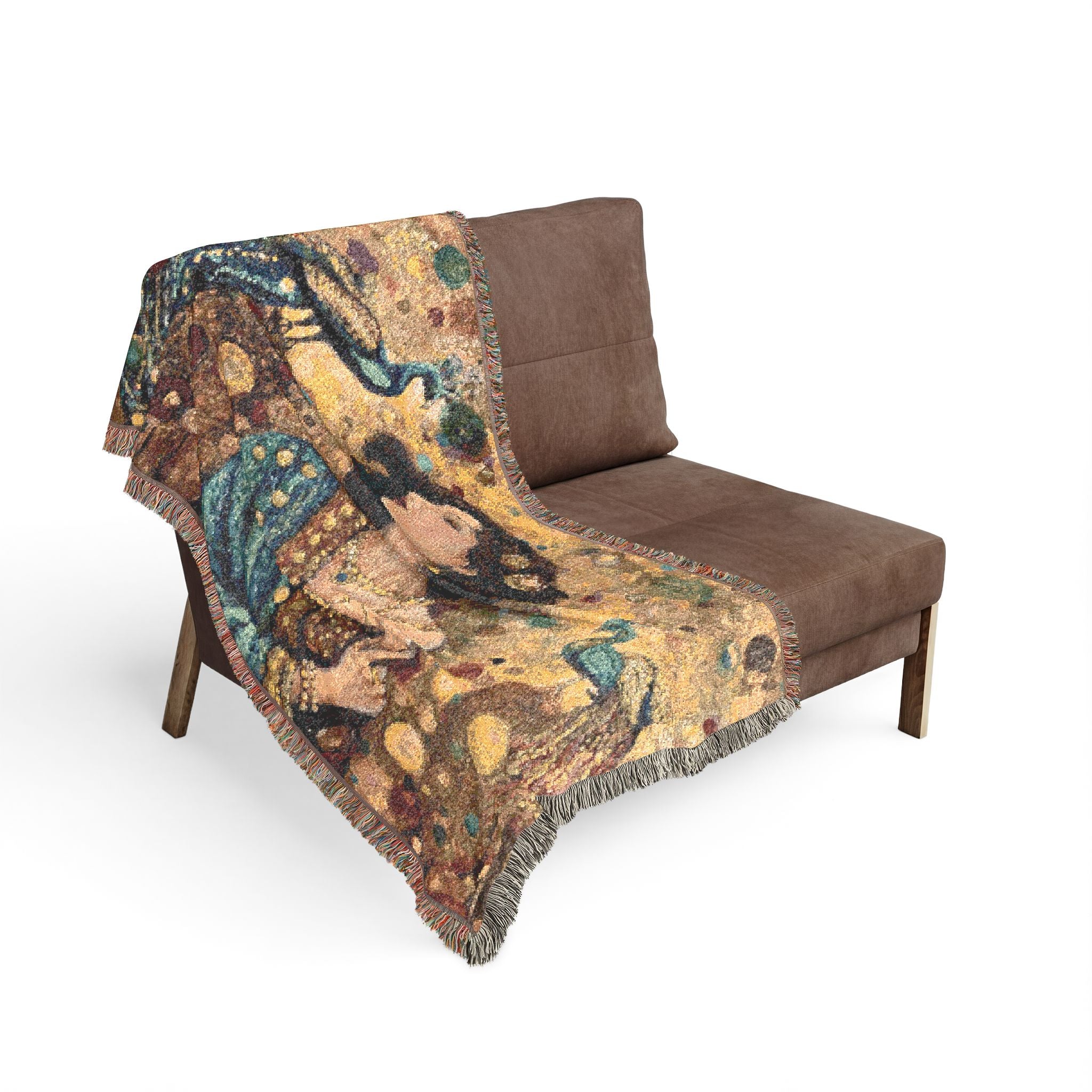 Gustav Klimt-Inspired Tapestry Throw Blanket — Art Nouveau Woman & Peacock Woven Blanket