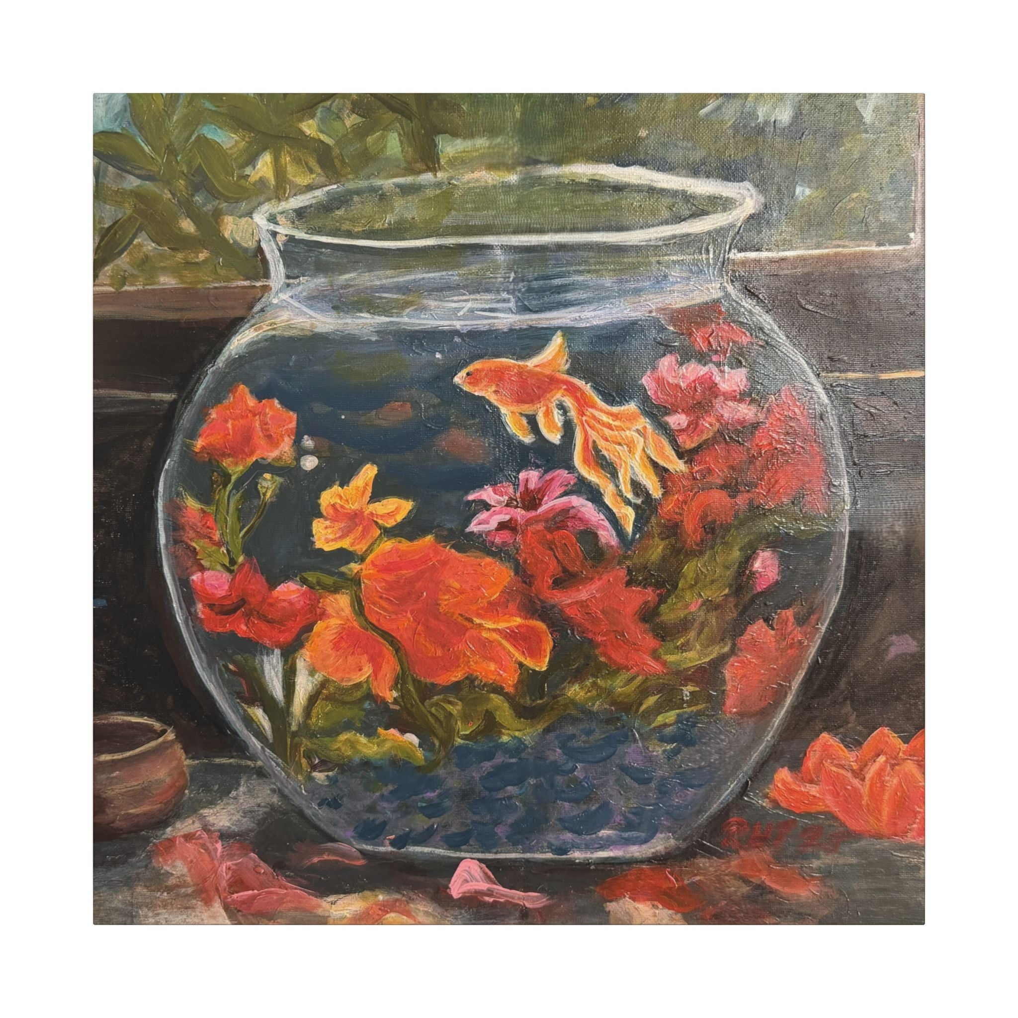 Goldfish Bowl Canvas Wall Art — Colorful Floral Aquarium Painting