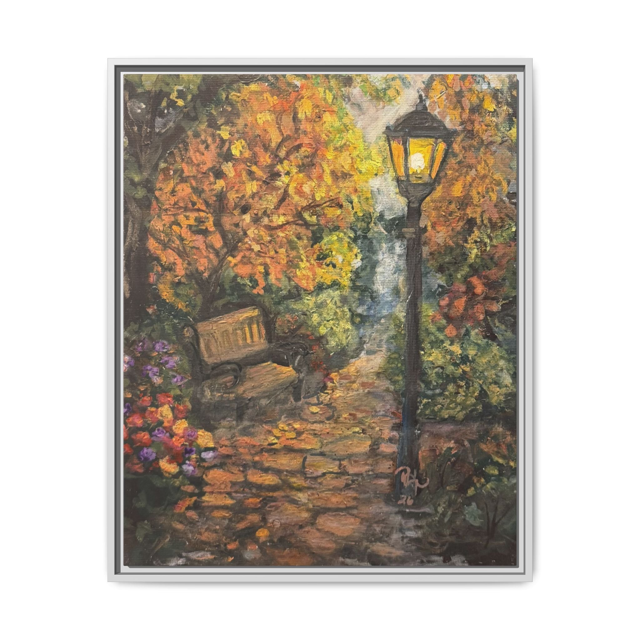 Framed Matte Canvas Art — Autumn Park Bench with Lamp Post (Cozy Fall Wall Decor)