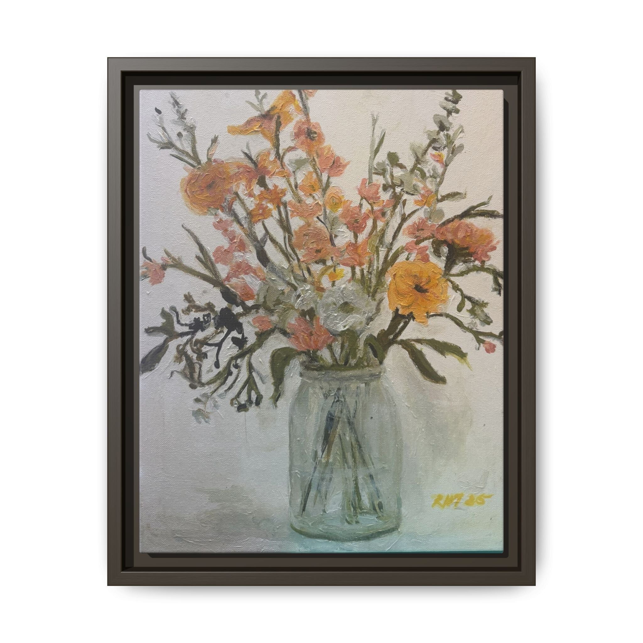 Framed Matte Canvas Art - Flower in Glass Jar Floral Painting Print of Original