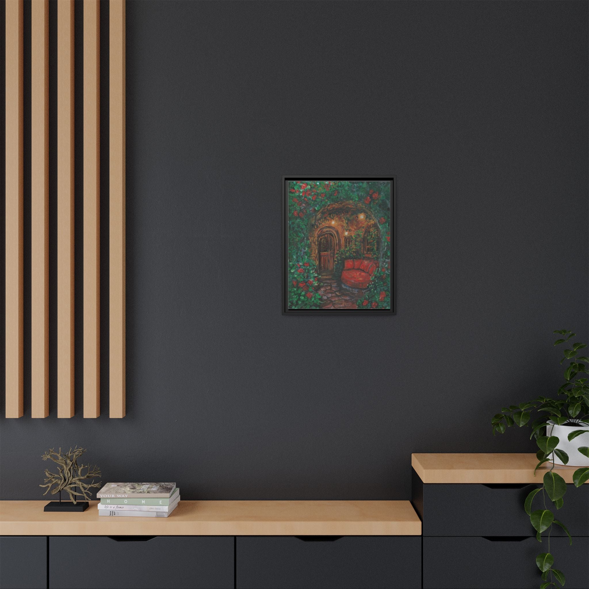 Framed Matte Canvas Art – Cozy Garden Doorway with Red Chair Print of Original Hidden Doorway
