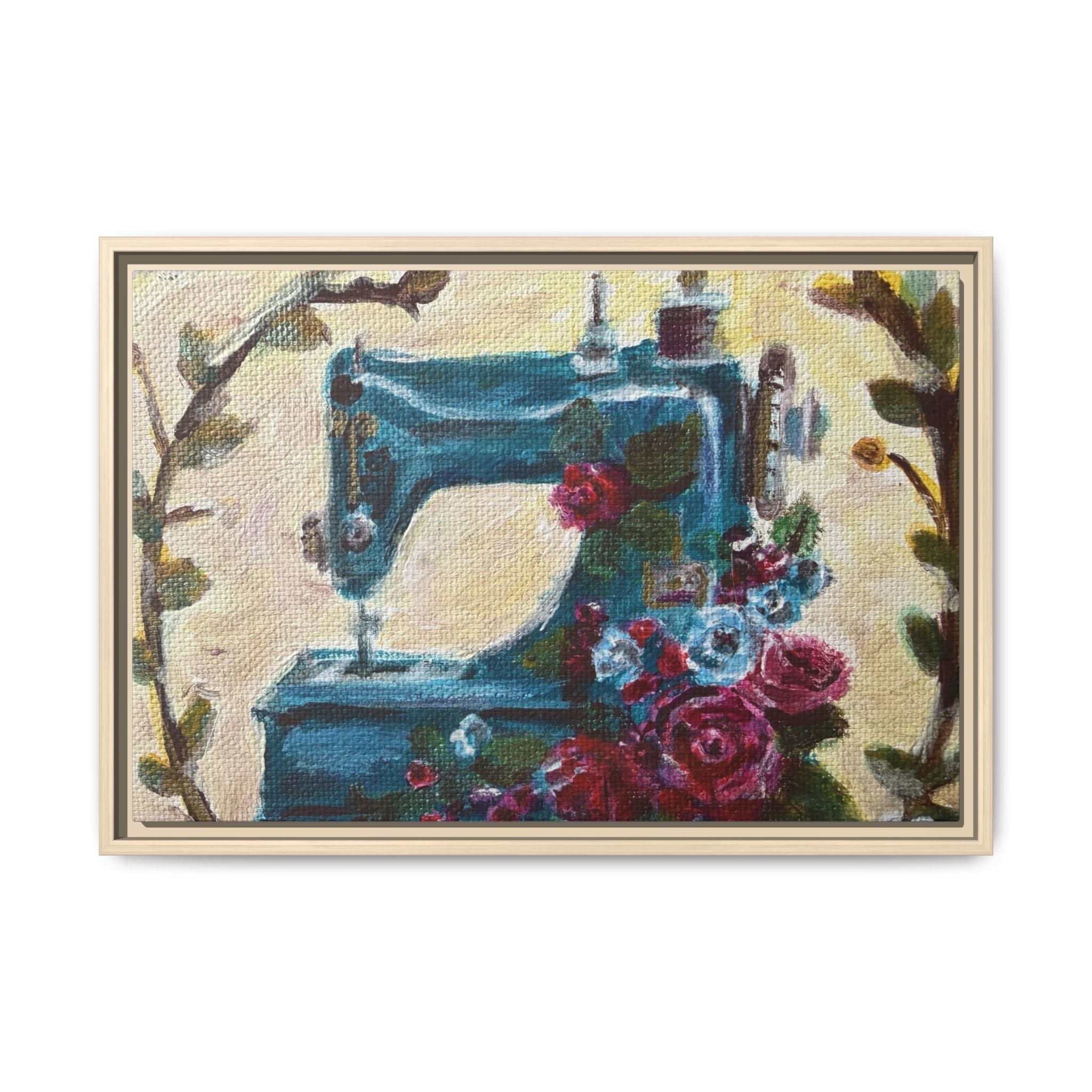 Framed Canvas Wall Art — Vintage Sewing Machine with Roses - Framed Print of the Original Grandma's Sewing Machine
