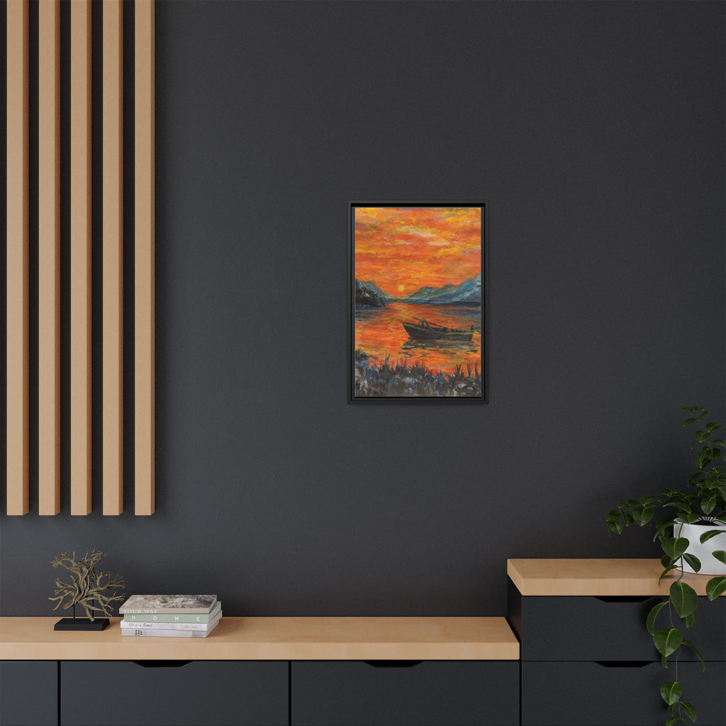 Boat on Sunset Lake Framed Canvas Print of Original — Orange Mountain Lake Wall Art