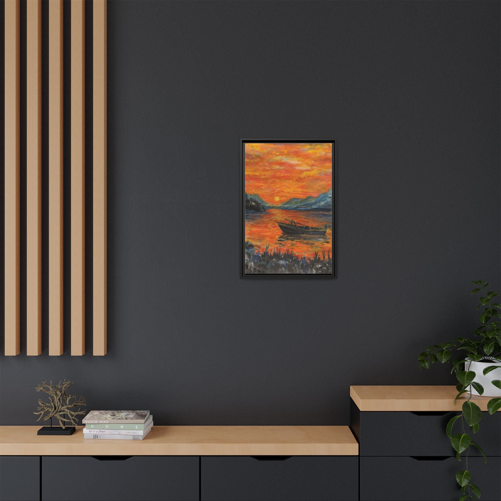 Boat on Sunset Lake Framed Canvas Print of Original — Orange Mountain Lake Wall Art