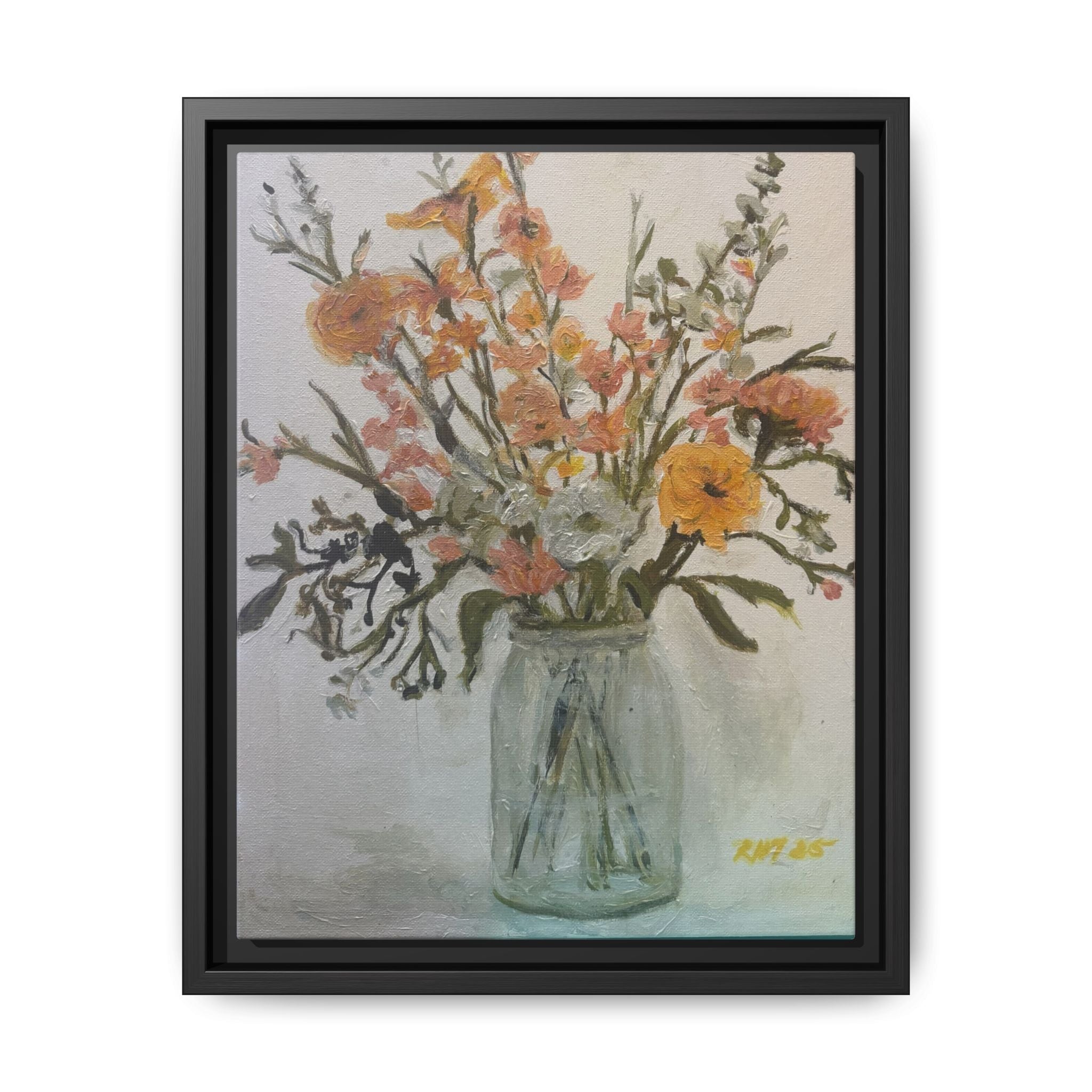 Framed Matte Canvas Art - Flower in Glass Jar Floral Painting Print of Original