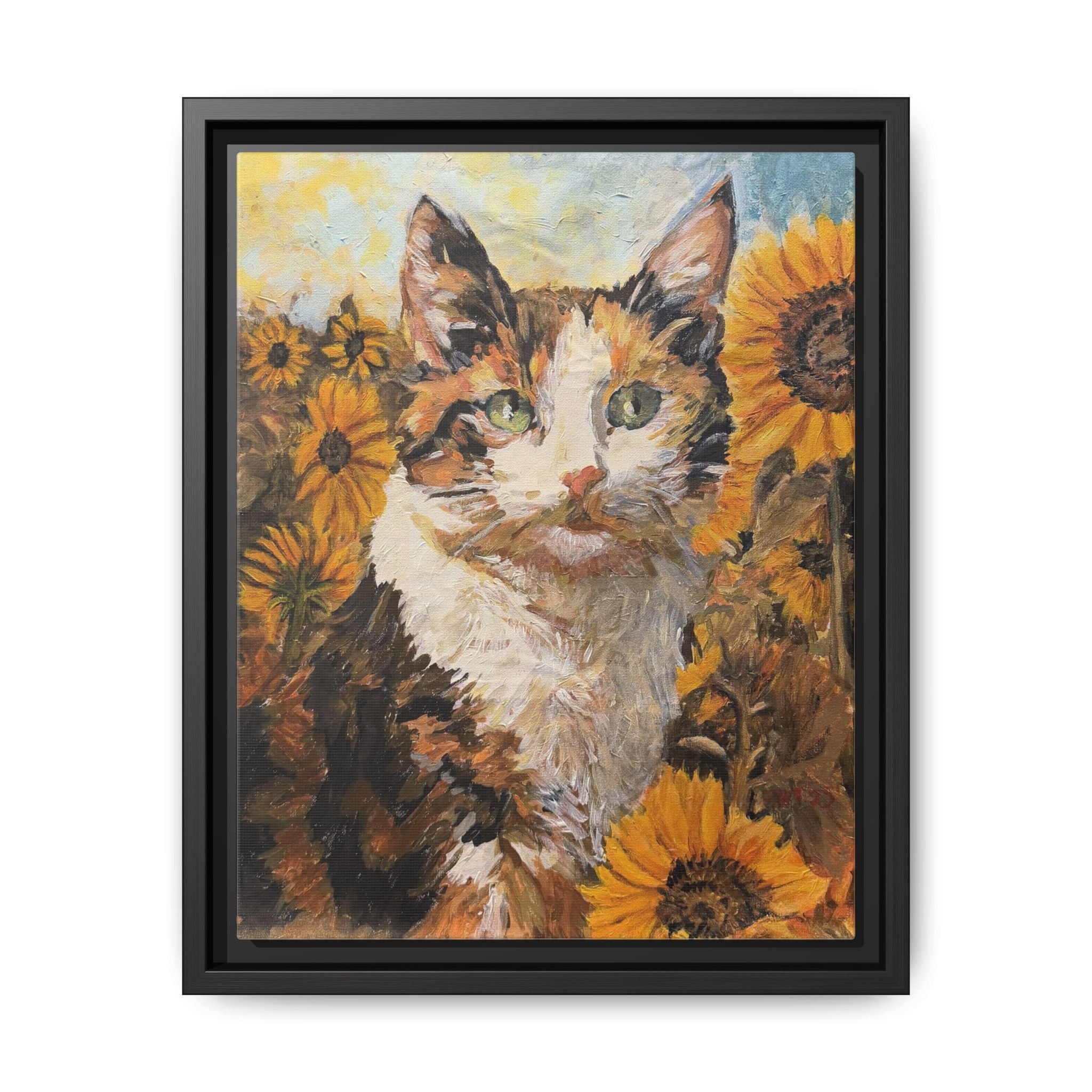 Dixie Cat in Sunflowers — Framed Matte Canvas Wall Art - Print of Original