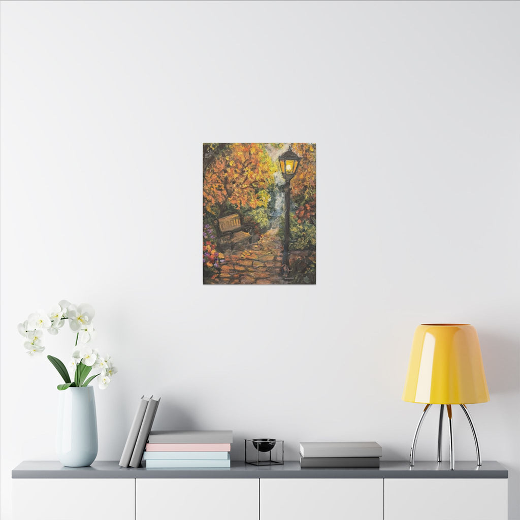 Autumn Evening in the Park Canvas Print of Original— Lantern & Bench Fall Wall Decor