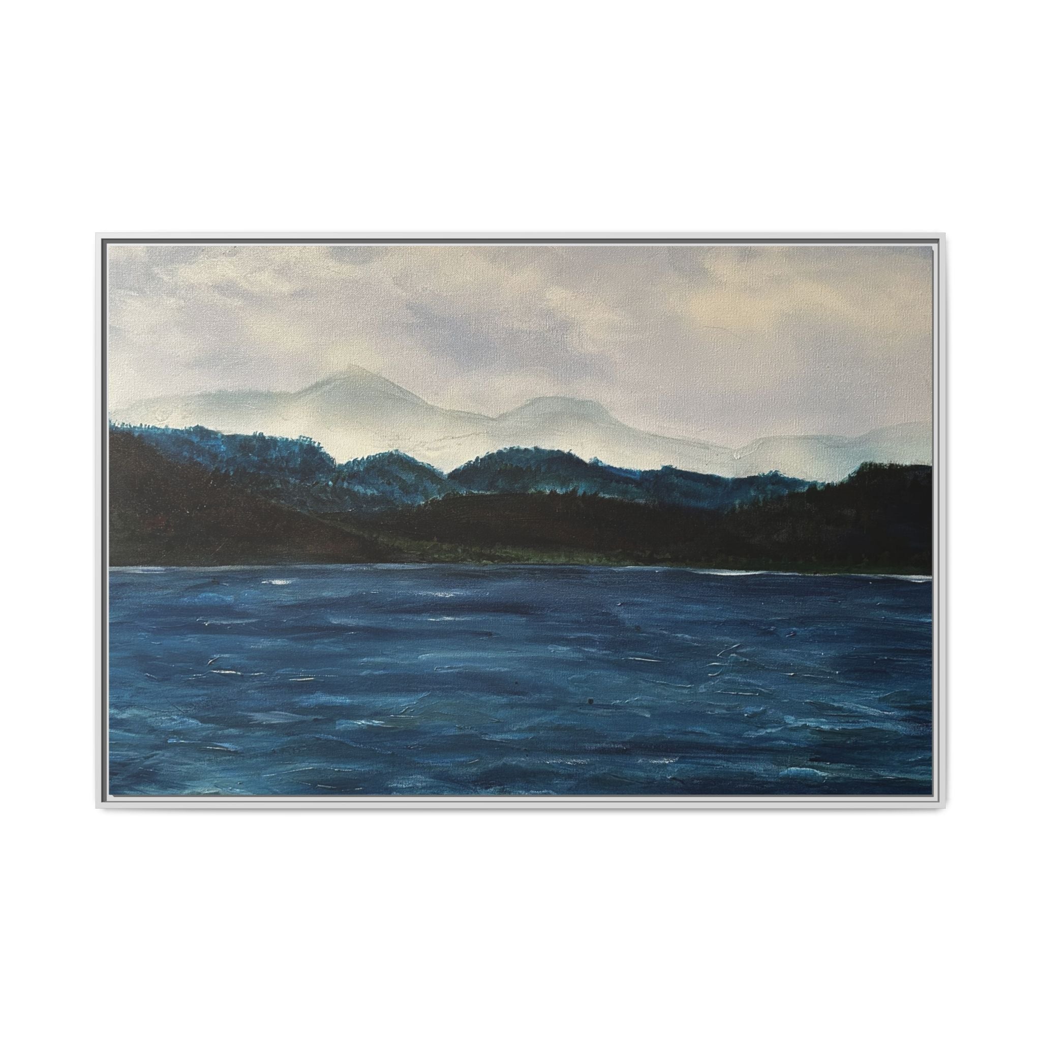 Framed Canvas Print of Original Misty Mountain – Moody Blue Wall Art