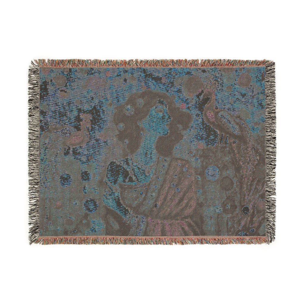 Gustav Klimt-Inspired Tapestry Throw Blanket — Art Nouveau Woman & Peacock Woven Blanket