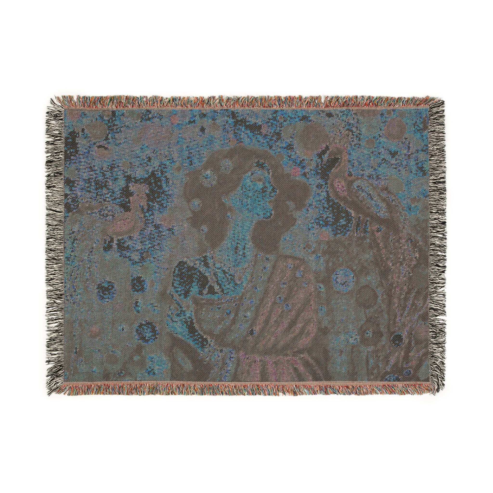 Gustav Klimt-Inspired Tapestry Throw Blanket — Art Nouveau Woman & Peacock Woven Blanket