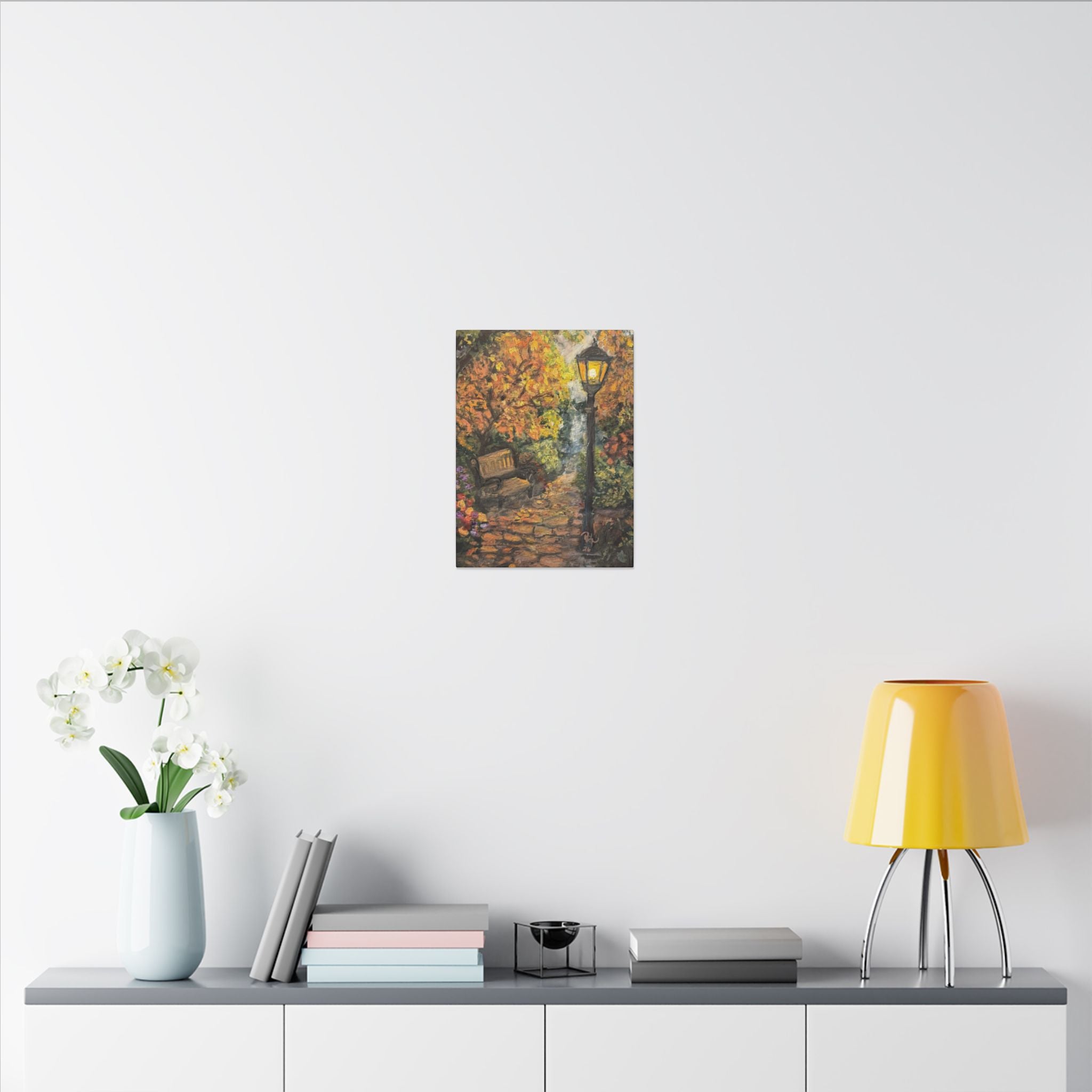 Autumn Evening in the Park Canvas Print of Original— Lantern & Bench Fall Wall Decor