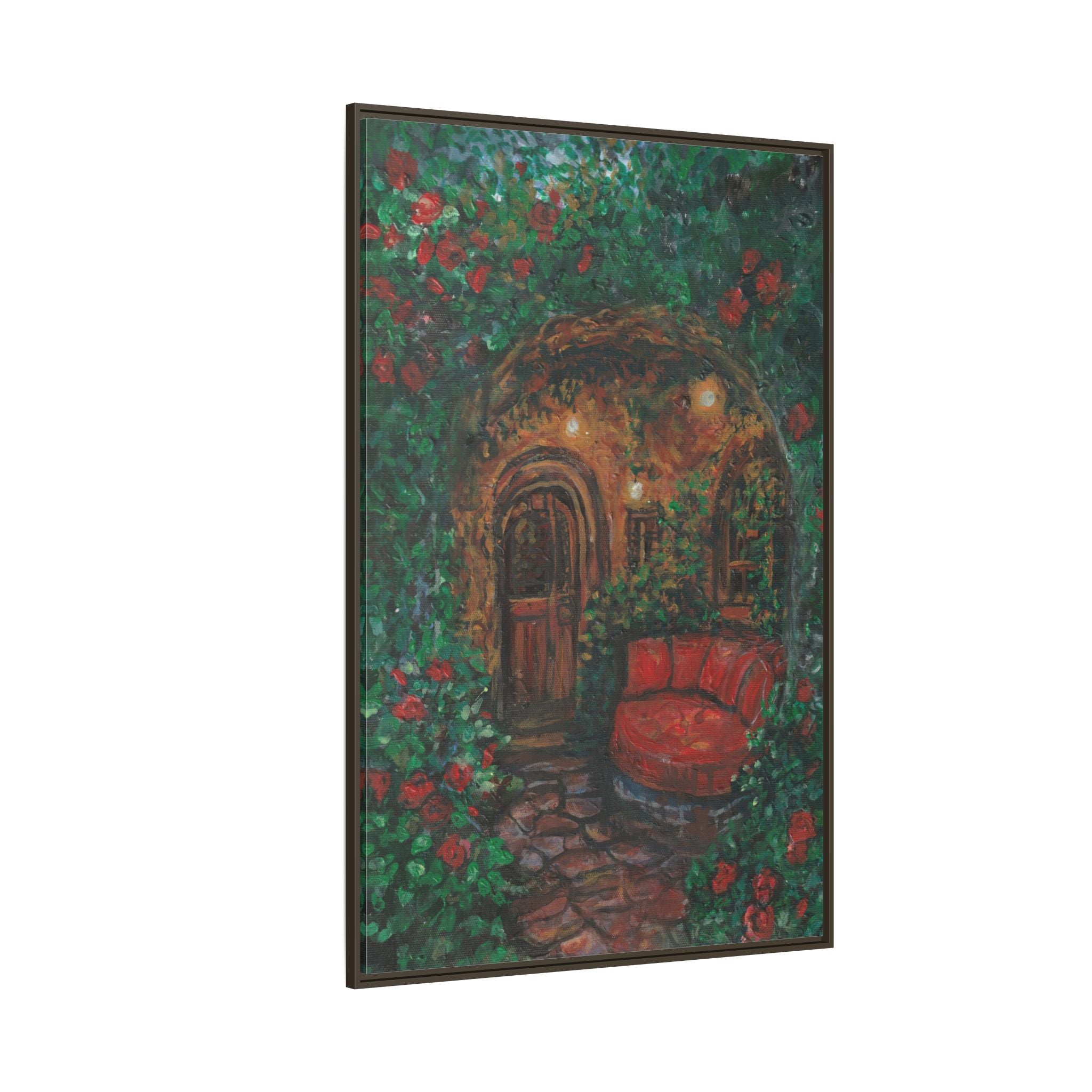 Framed Matte Canvas Art – Cozy Garden Doorway with Red Chair Print of Original Hidden Doorway