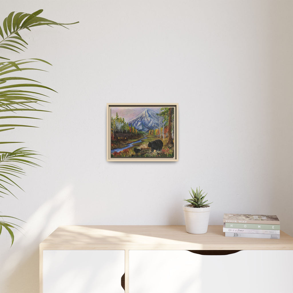Framed Matte Canvas - Three Bear Stroll  - Mountain Stream with Bears Landscape Wall Art