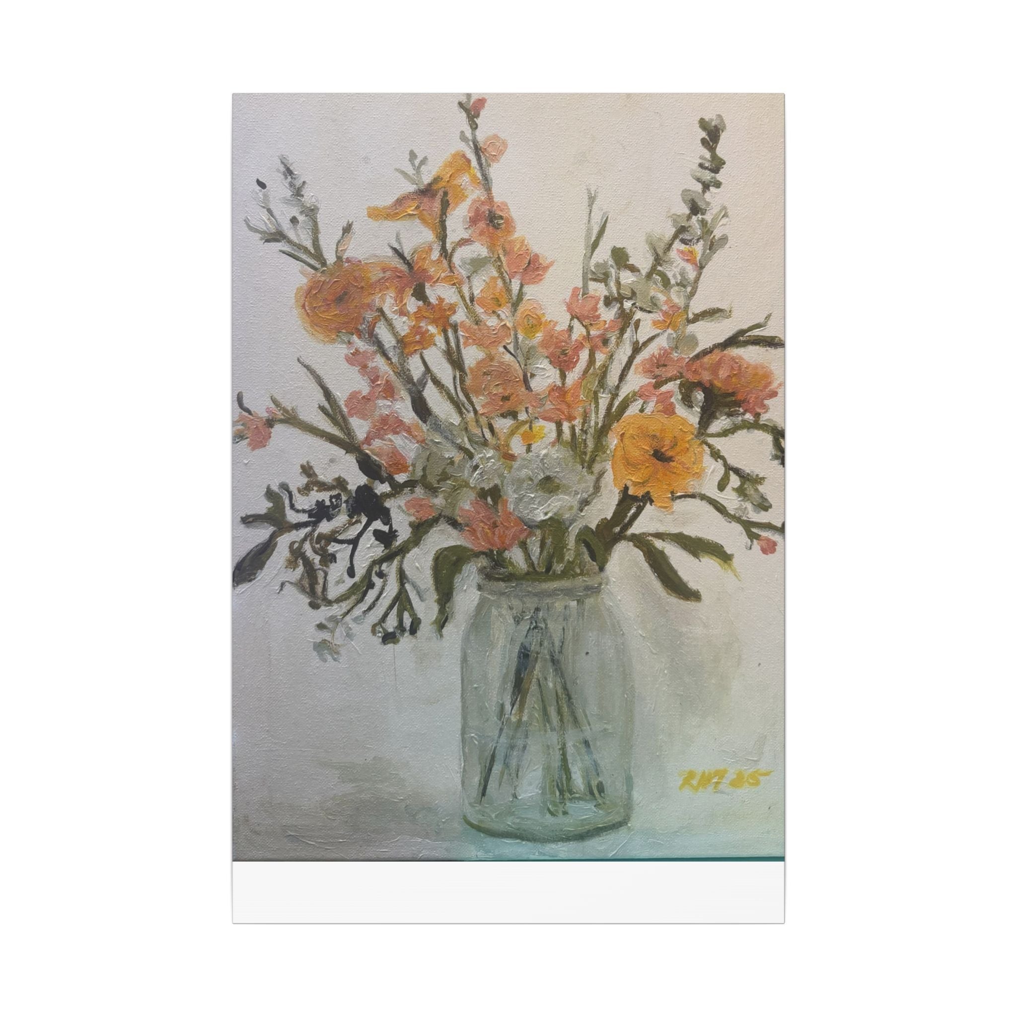 Flowers in Glass Jar Matte Canvas Print of Original— Rustic Cottage Wall Art