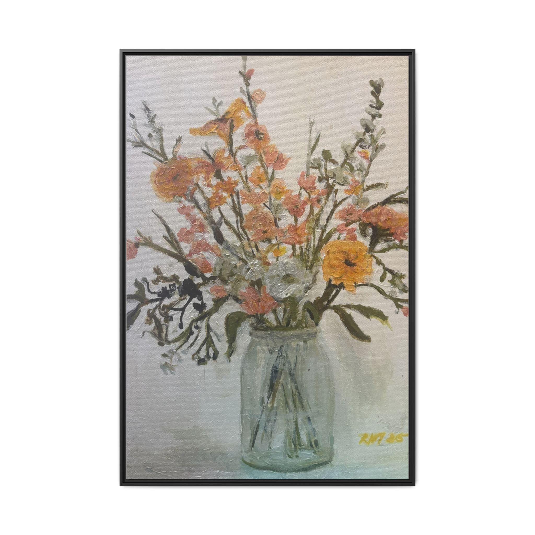 Framed Matte Canvas Art - Flower in Glass Jar Floral Painting Print of Original