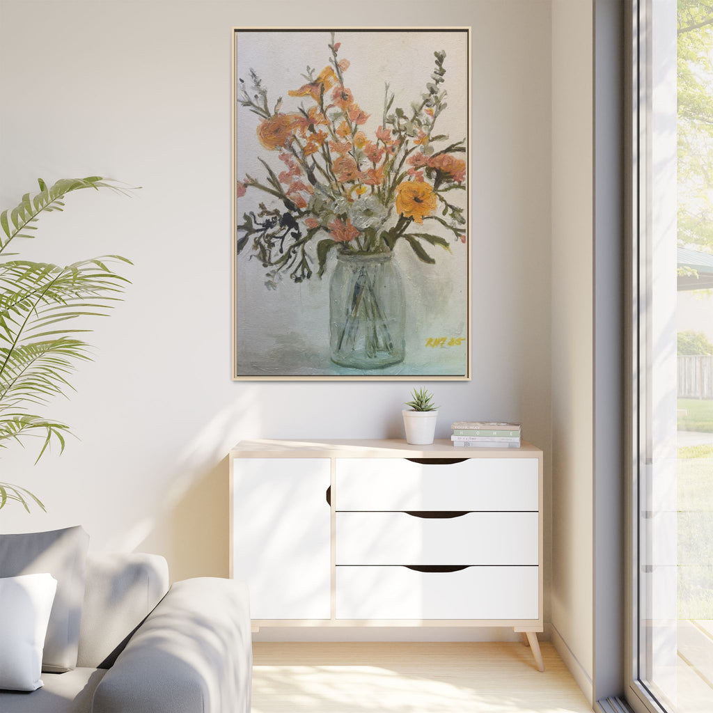 Framed Matte Canvas Art - Flower in Glass Jar Floral Painting Print of Original