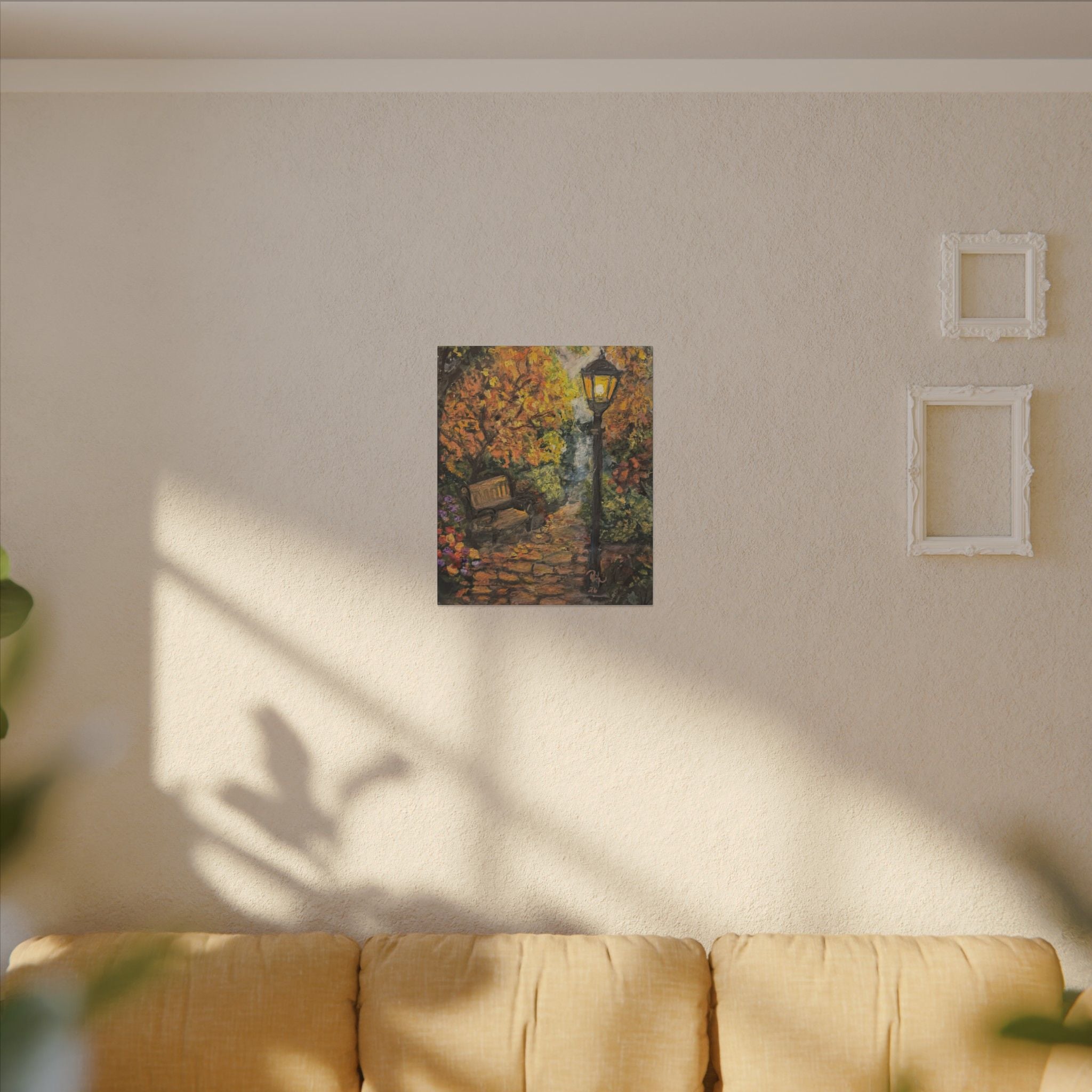 Autumn Evening in the Park Canvas Print of Original— Lantern & Bench Fall Wall Decor