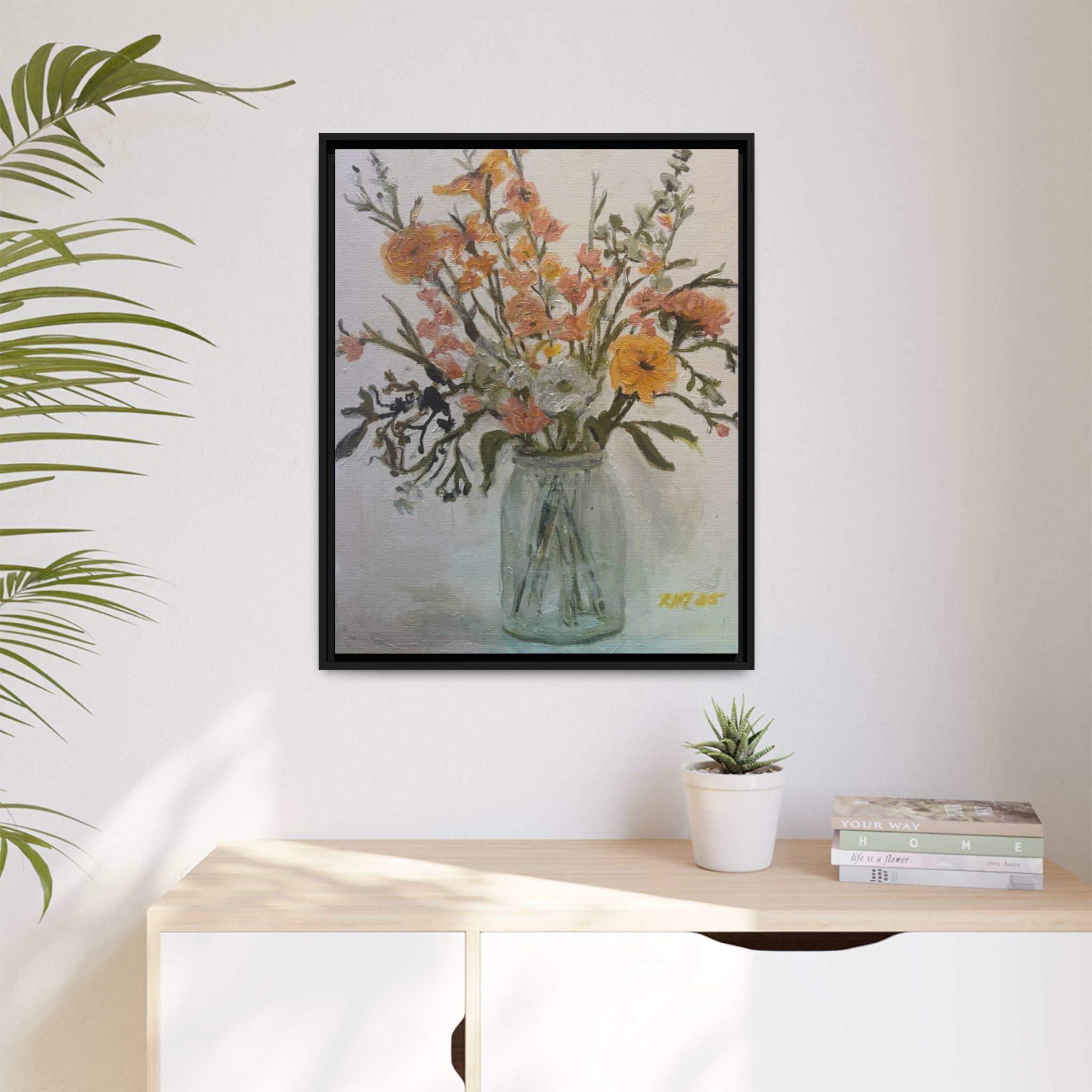Framed Matte Canvas Art - Flower in Glass Jar Floral Painting Print of Original