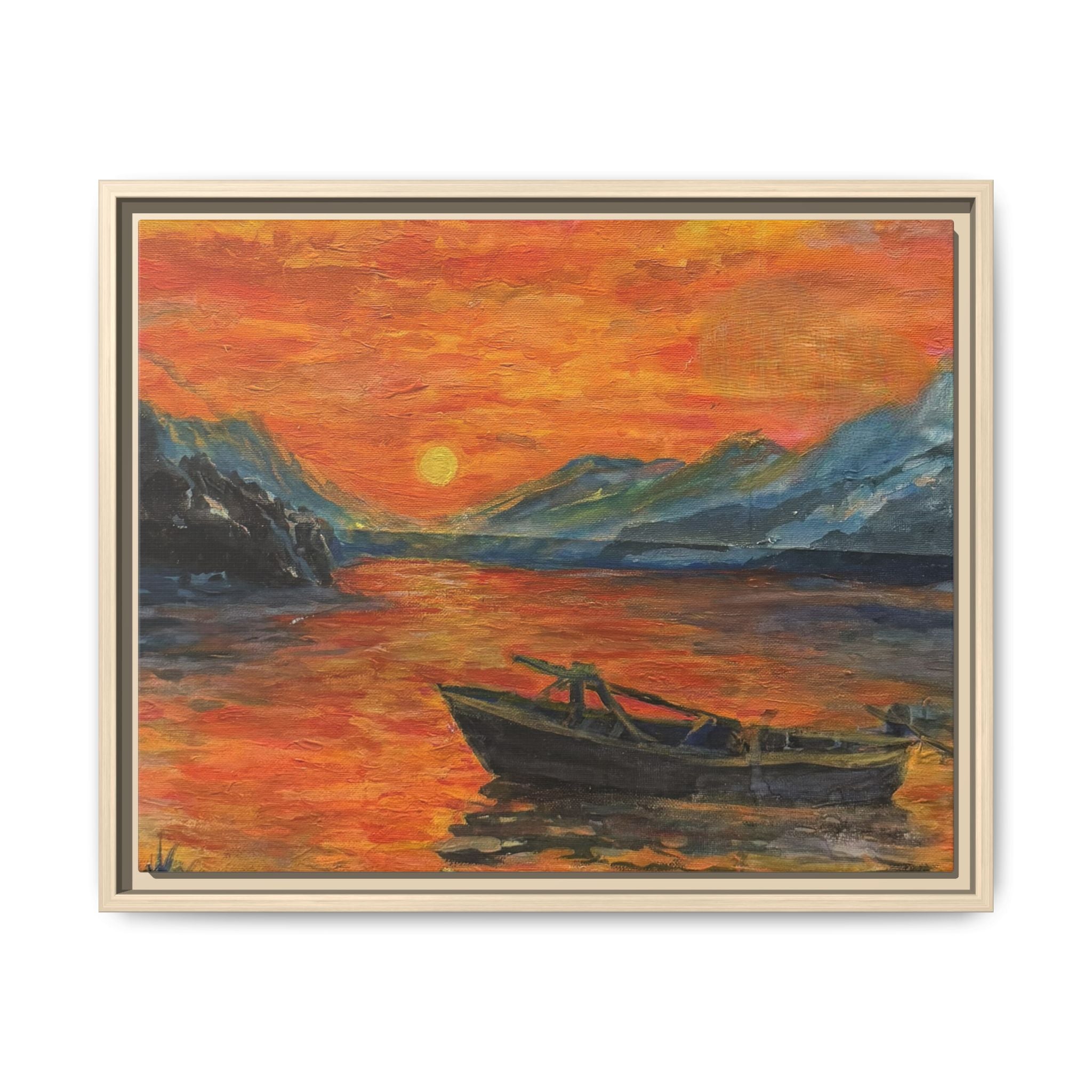 Boat on Sunset Lake Framed Canvas Print of Original — Orange Mountain Lake Wall Art