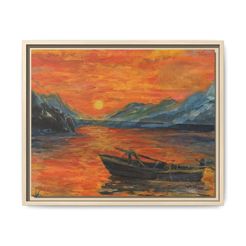 Boat on Sunset Lake Framed Canvas Print of Original — Orange Mountain Lake Wall Art