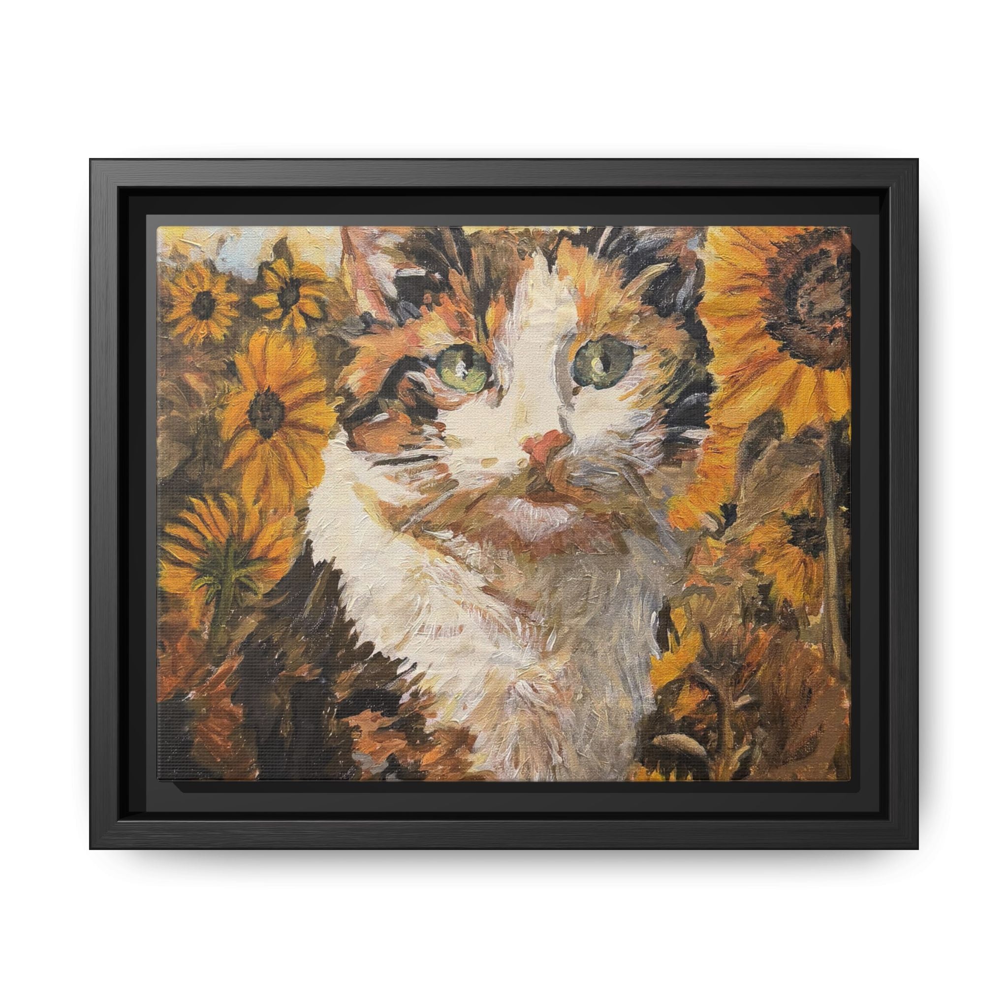 Dixie Cat in Sunflowers — Framed Matte Canvas Wall Art - Print of Original