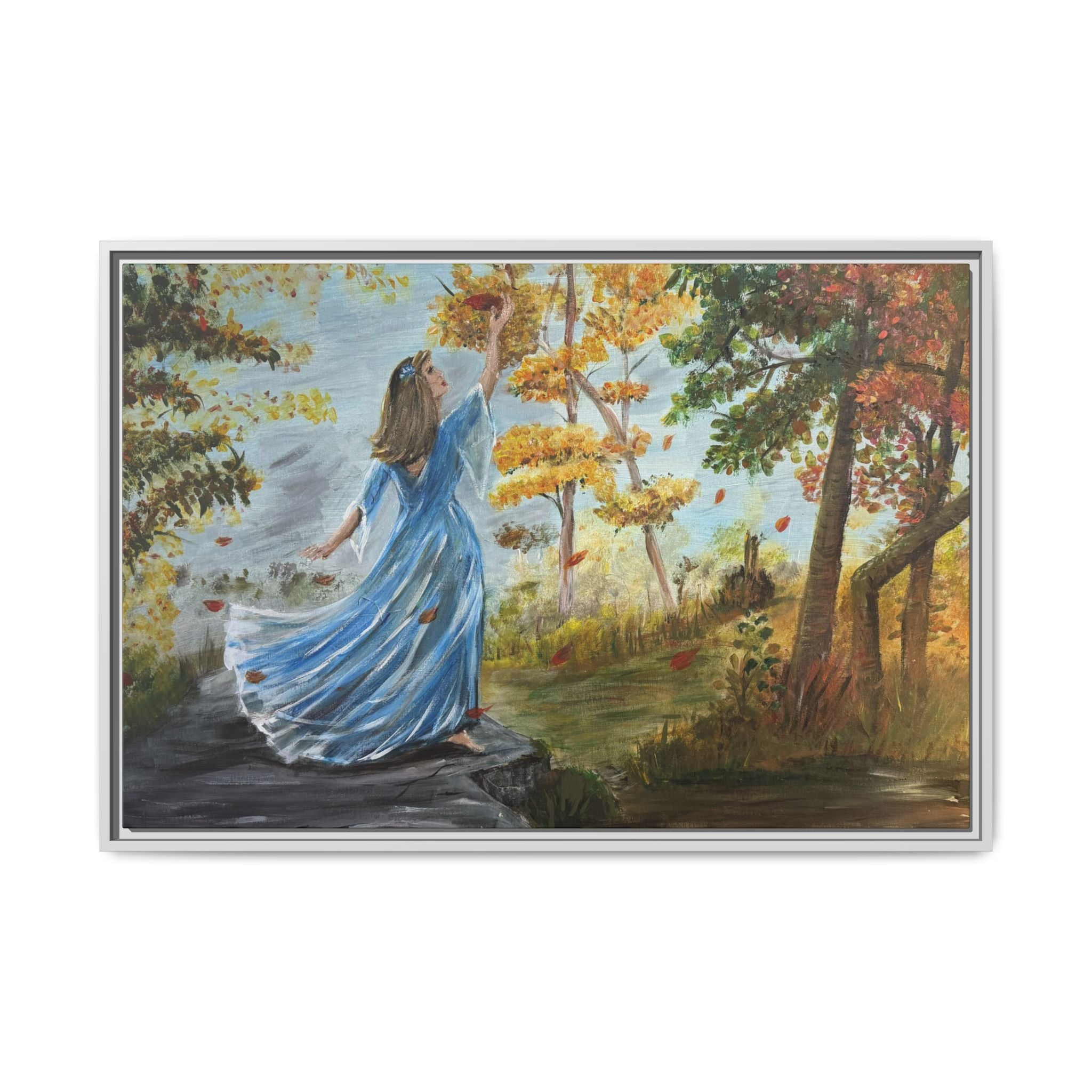 Autumn Breeze Canvas Print — Woman in Blue Dress Framed Wall Art