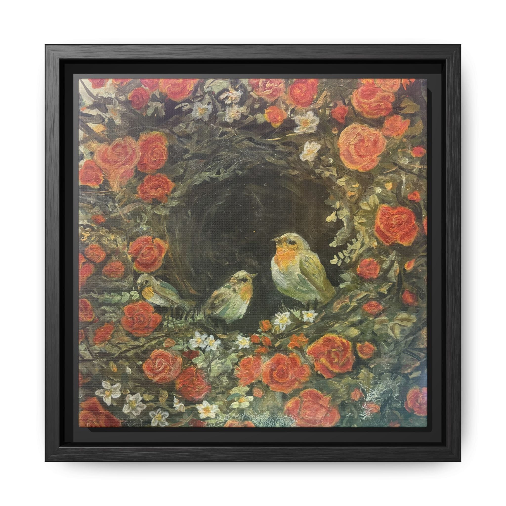 Framed Canvas Art - 'Nest of Roses' Botanical Bird Print