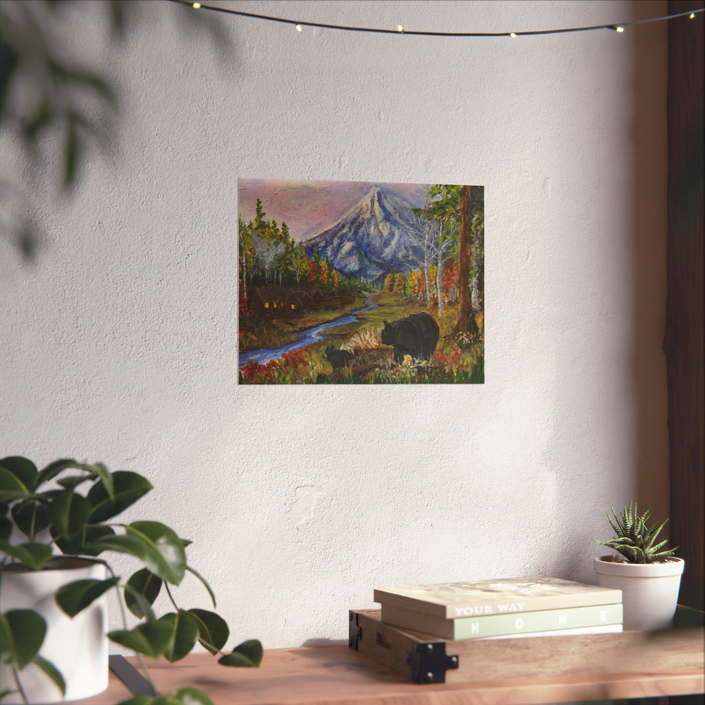 3 Bear Stroll— Bear & Cabin Fine Art Print