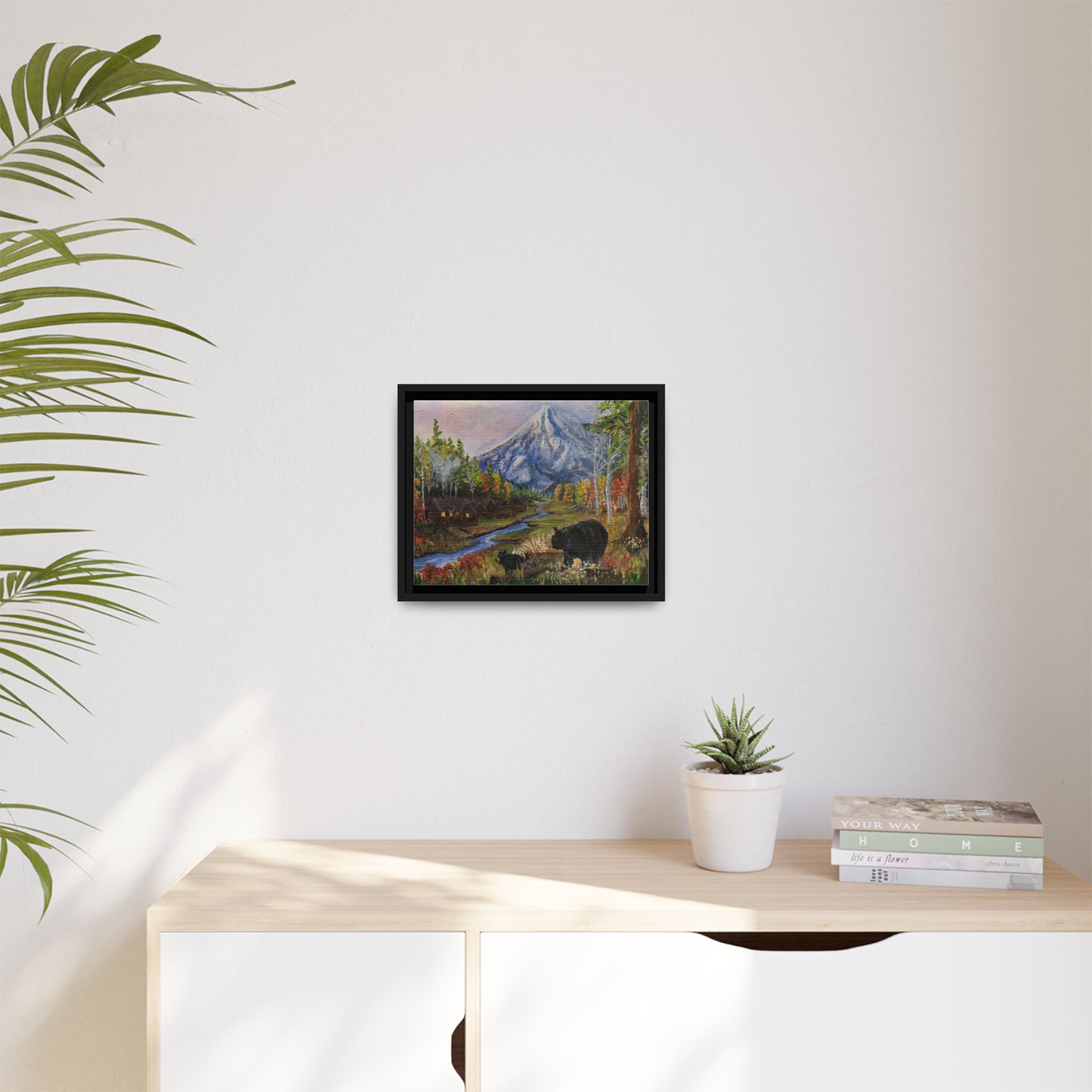 Framed Matte Canvas - Three Bear Stroll  - Mountain Stream with Bears Landscape Wall Art