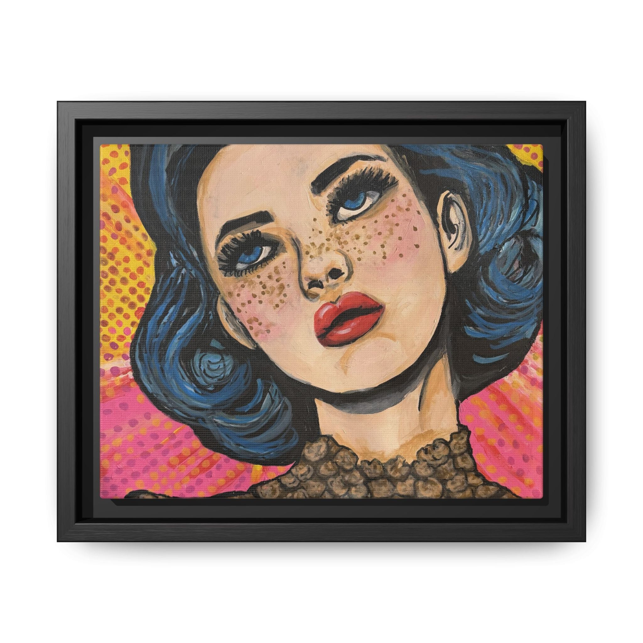 Pop Art Portrait Matte Canvas Print of Original "OMG" (Framed) — Retro Blue-Haired Woman Wall Art