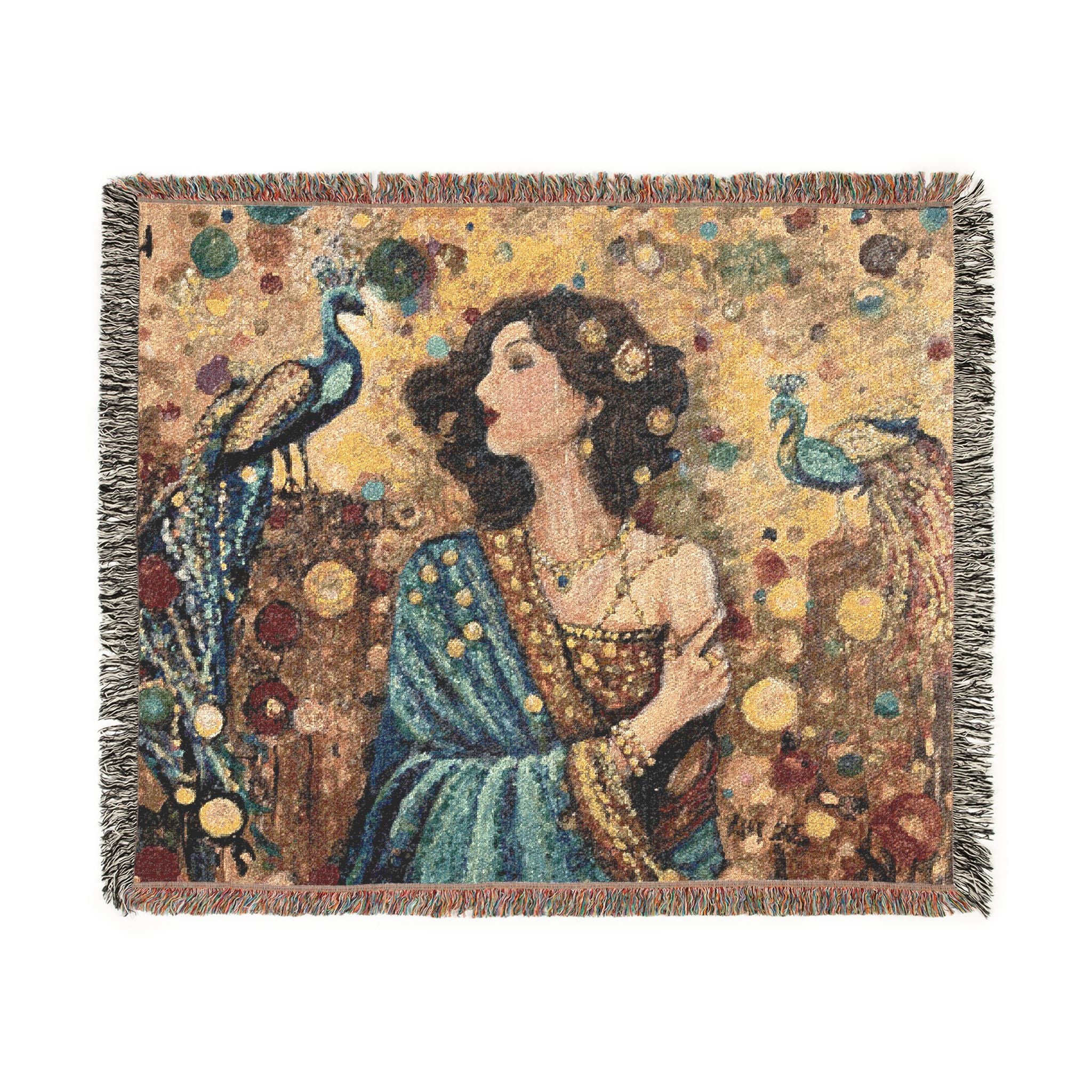 Gustav Klimt-Inspired Tapestry Throw Blanket — Art Nouveau Woman & Peacock Woven Blanket
