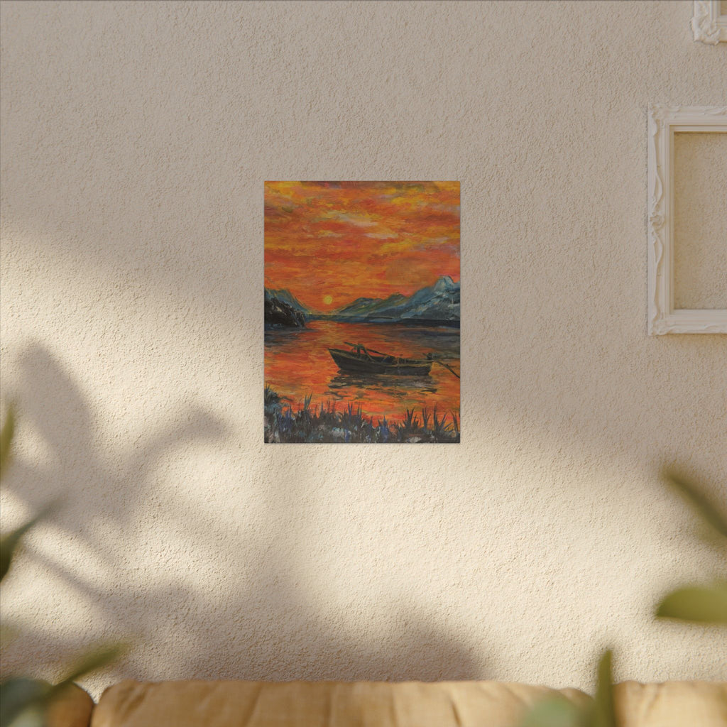 Boat on Sunset Lake Canvas Wall Art Print of Original— Orange Seascape Landscape Print