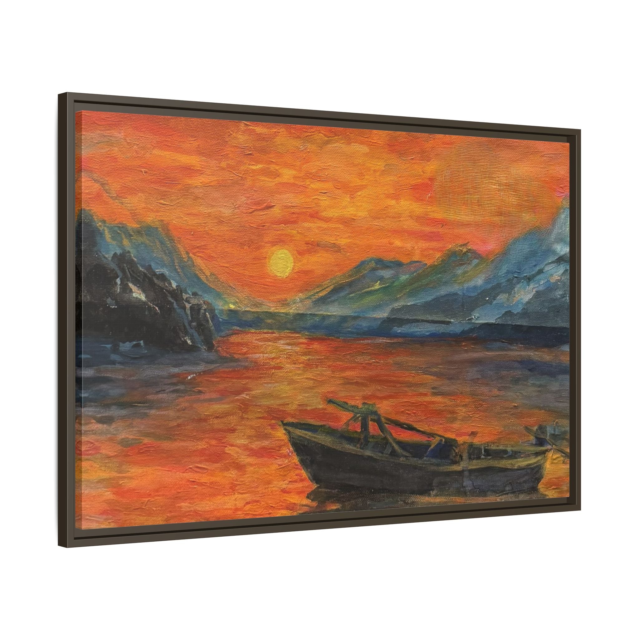 Boat on Sunset Lake Framed Canvas Print of Original — Orange Mountain Lake Wall Art