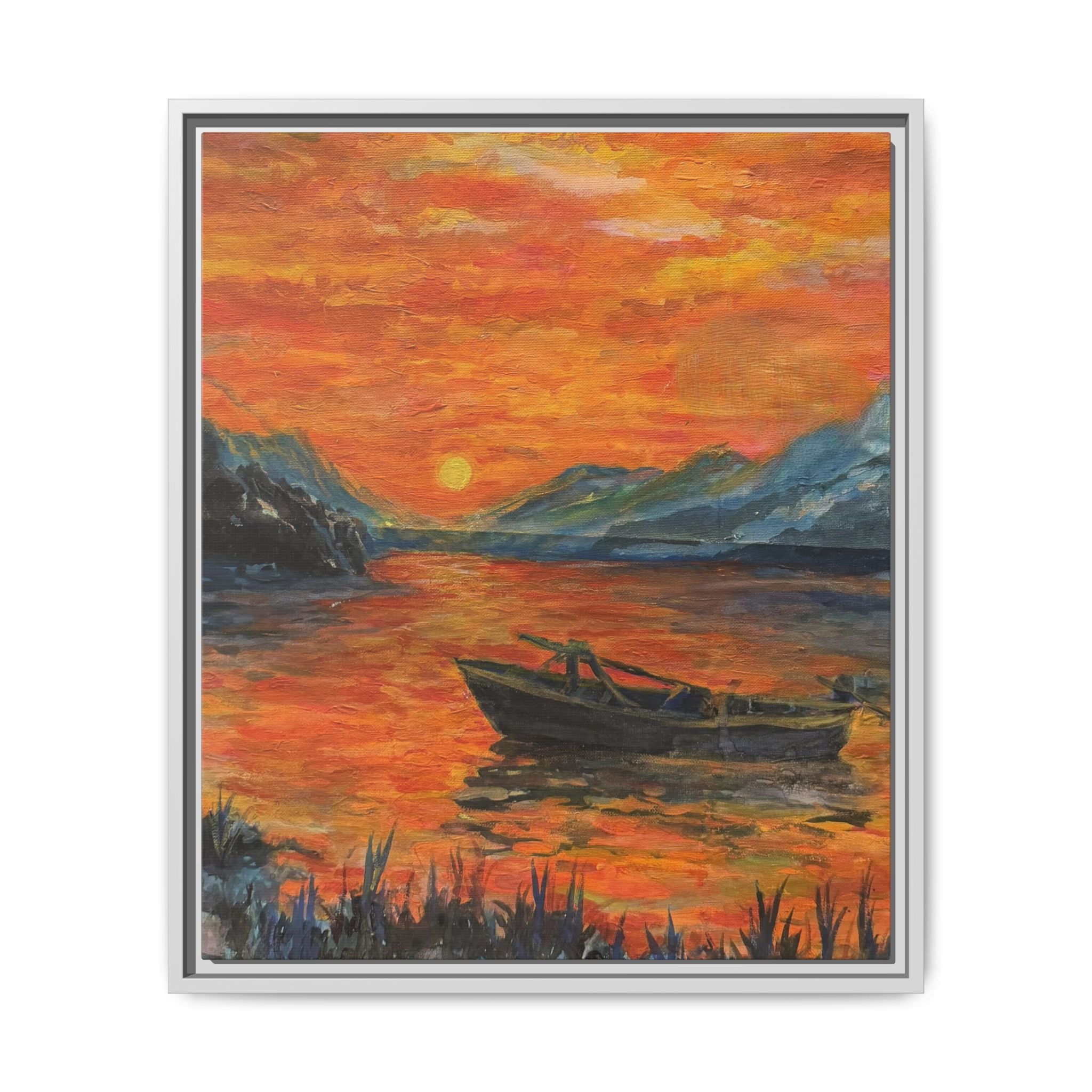 Boat on Sunset Lake Framed Canvas Print of Original — Orange Mountain Lake Wall Art