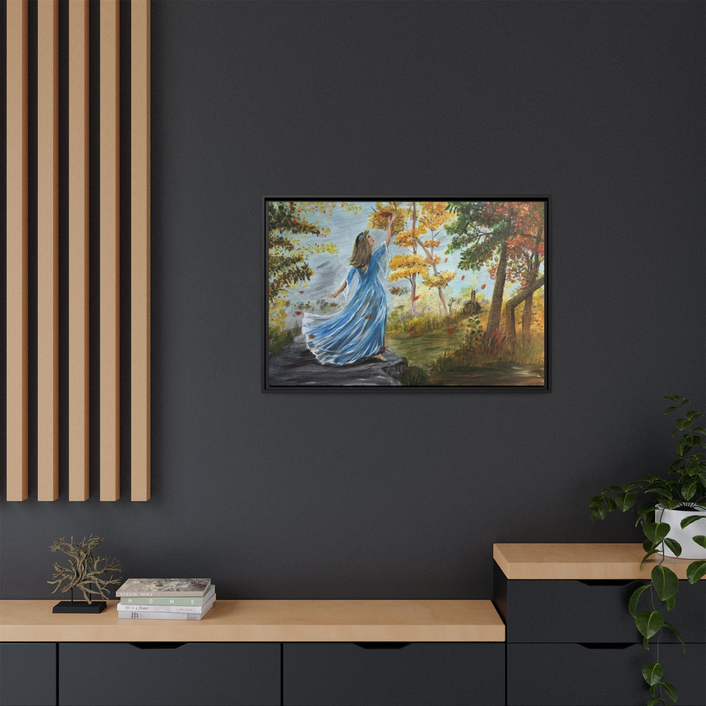 Autumn Breeze Canvas Print — Woman in Blue Dress Framed Wall Art
