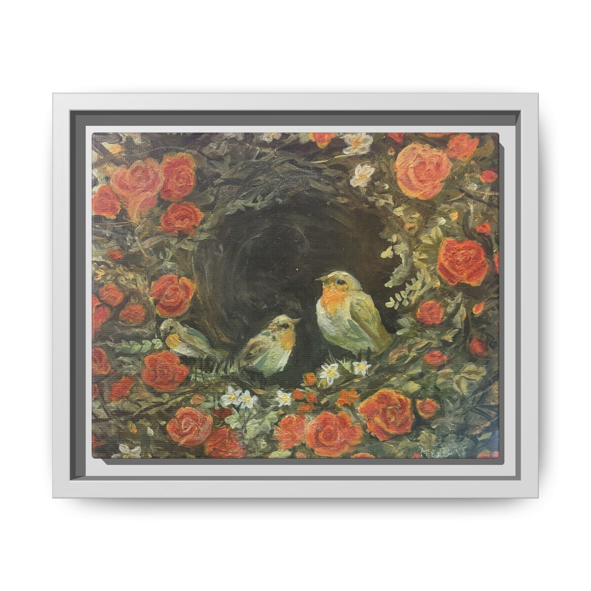 Framed Canvas Art - 'Nest of Roses' Botanical Bird Print