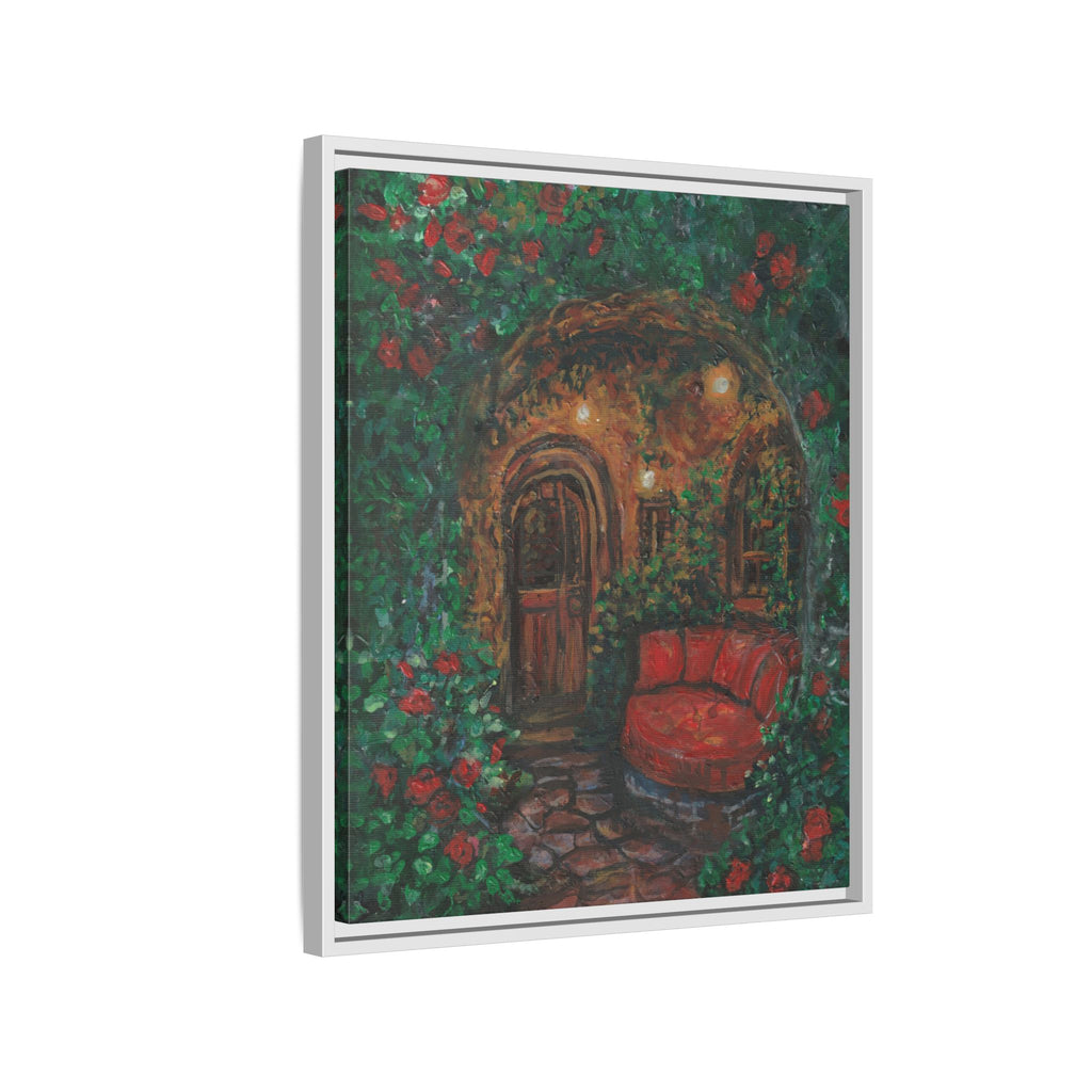 Framed Matte Canvas Art – Cozy Garden Doorway with Red Chair Print of Original Hidden Doorway
