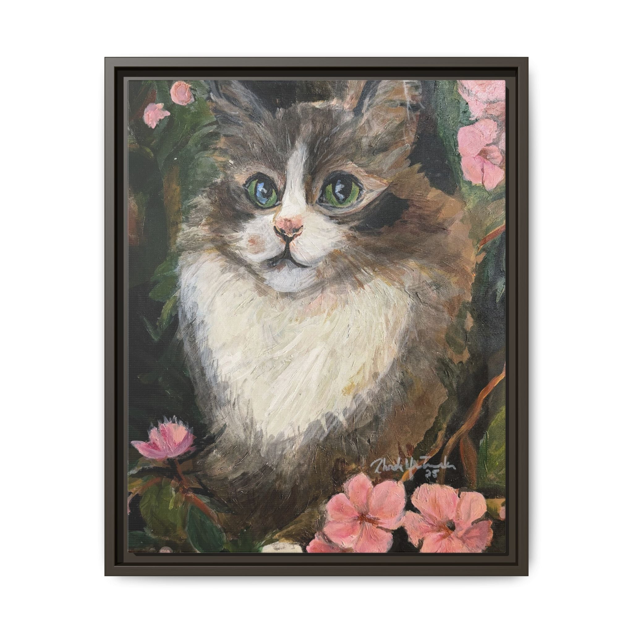 Framed Cat Portrait Canvas of Original Mikey– Floral Kitten Wall Art