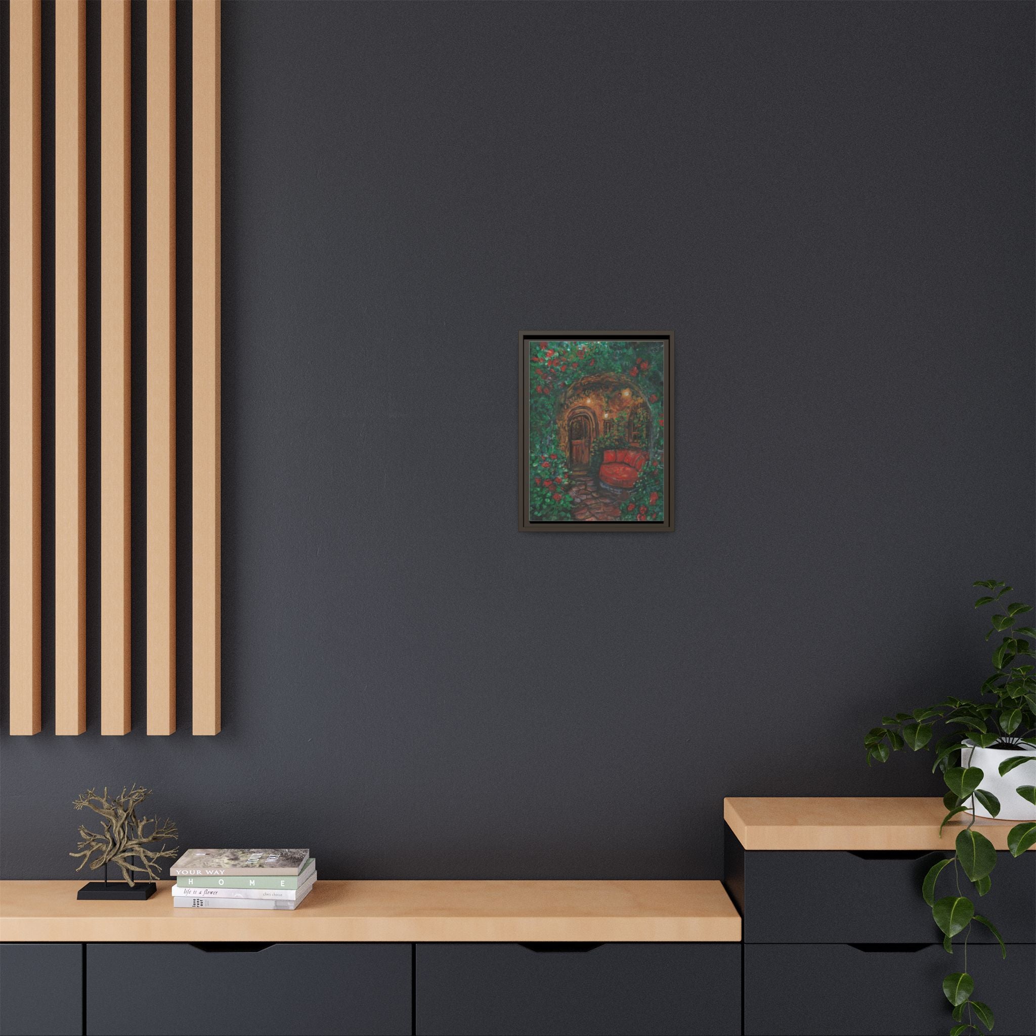 Framed Matte Canvas Art – Cozy Garden Doorway with Red Chair Print of Original Hidden Doorway