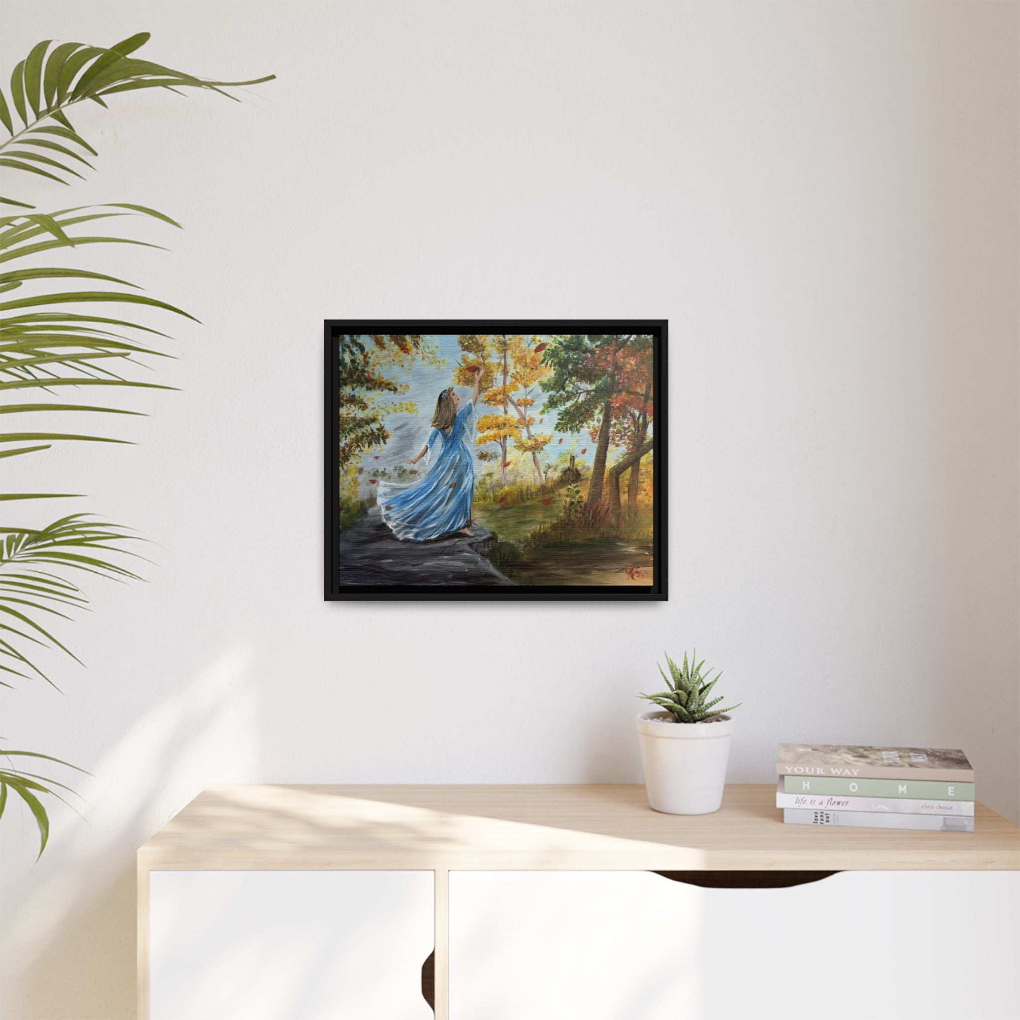 Autumn Breeze Canvas Print — Woman in Blue Dress Framed Wall Art
