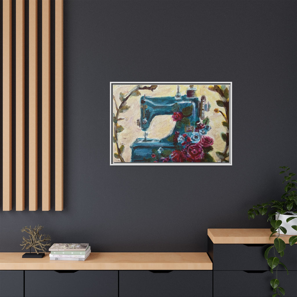 Framed Canvas Wall Art — Vintage Sewing Machine with Roses - Framed Print of the Original Grandma's Sewing Machine