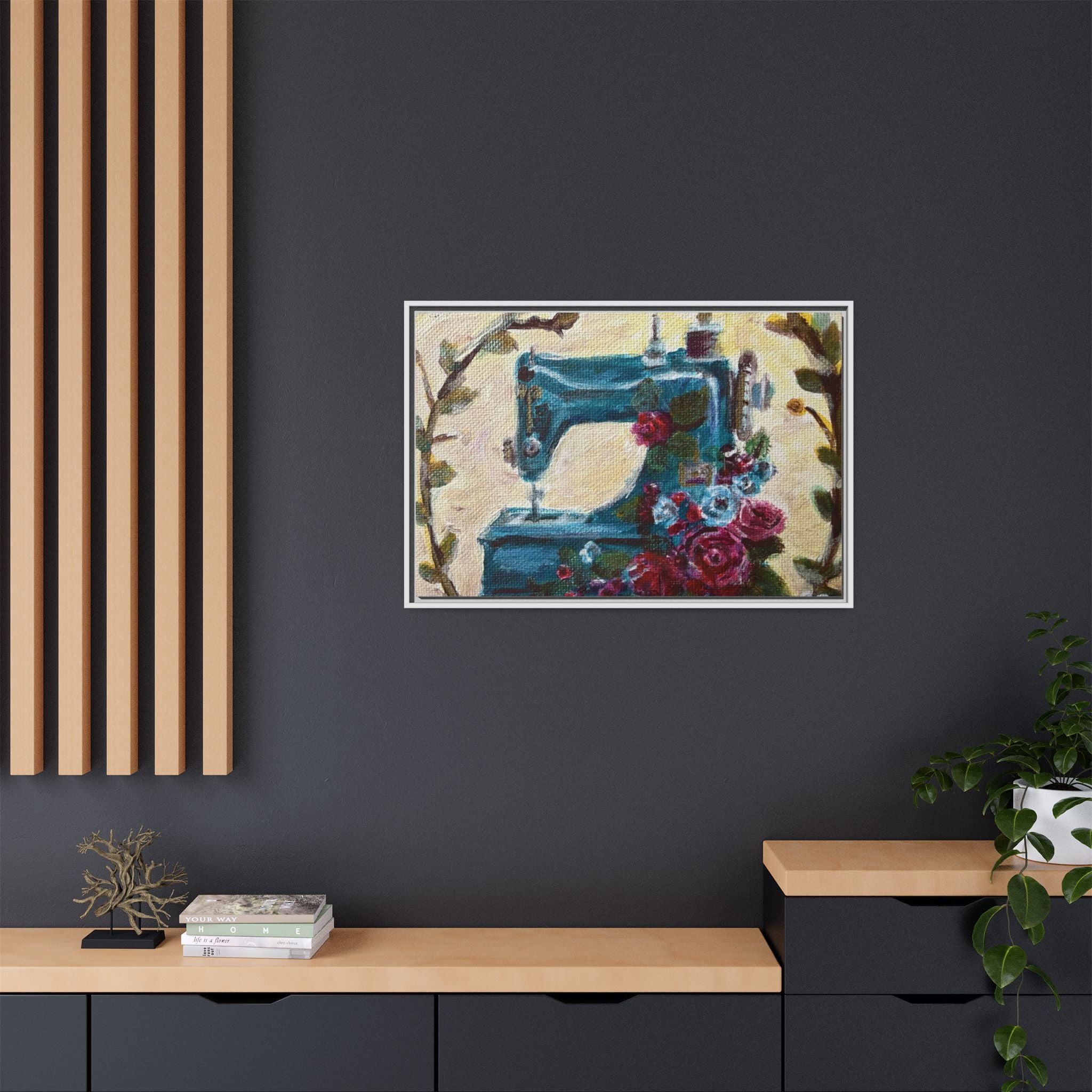 Framed Canvas Wall Art — Vintage Sewing Machine with Roses - Framed Print of the Original Grandma's Sewing Machine